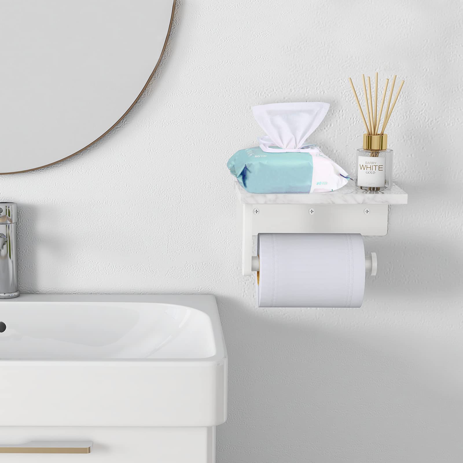 Natural Marble Toilet Paper Holder with 304 Stainless Steel Screw - Wall Mounted Bathroom Tissue Roll Dispenser for Washroom - Elegant White Finish | Perfect for Modern Homes, Apartments & Luxury Bathrooms