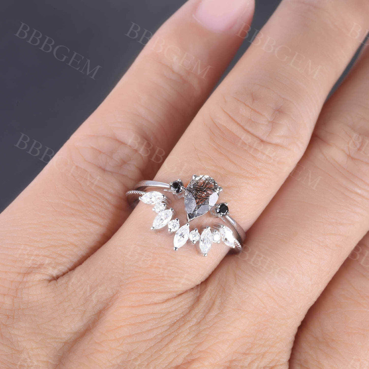 Pear Black Rutilated Quartz Bridal Ring Set in White Gold with Diamond Cluster - Elegant Engagement & Wedding Jewelry for Brides, Anniversary Gifts, and Special Occasions