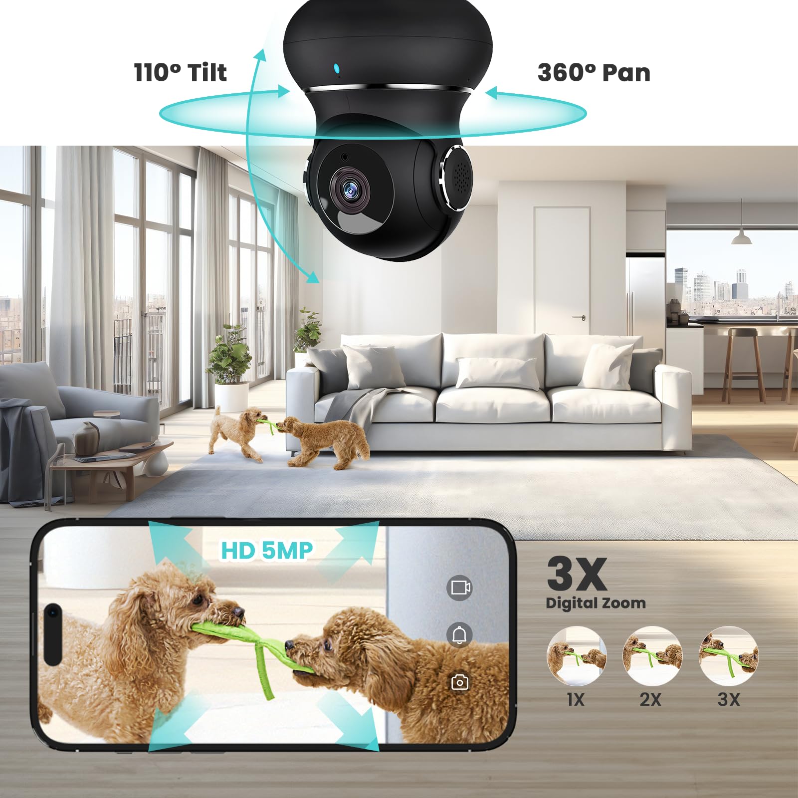 Little Elf 5MP Pet Camera with 360° Motion Tracking - 5GHz/2.4G Dual-Band WiFi Indoor Security Camera, IR Night Vision & 2-Way Audio - Baby Monitor, Pet Camera & Home Surveillance - Works with Alexa - Perfect for Nursery, Living Room & Pet Areas