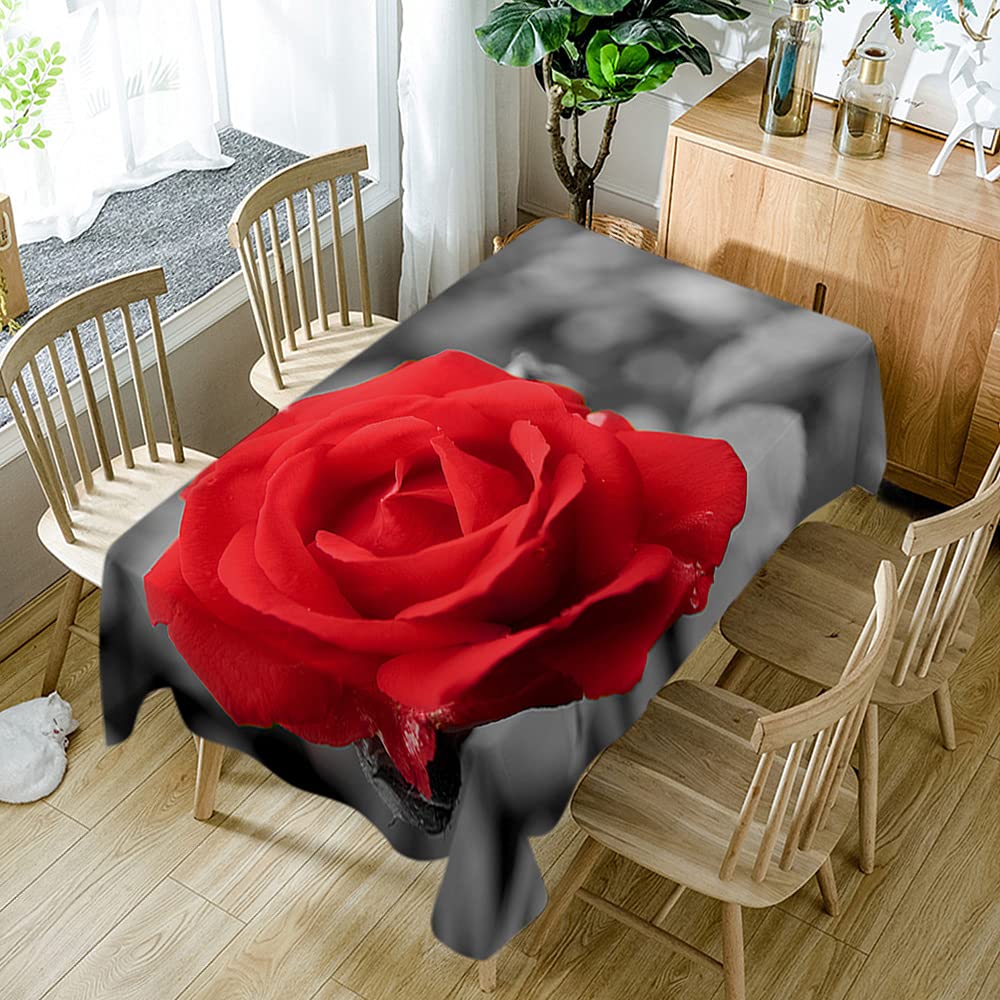 WONDERTIFY Solitary Rose Waterproof Microfiber Tablecloth - 52x70 Inch Faded Black & White Blooming Red Rose Design - Elegant Dining Table Cover for Weddings, Parties & Home Decor