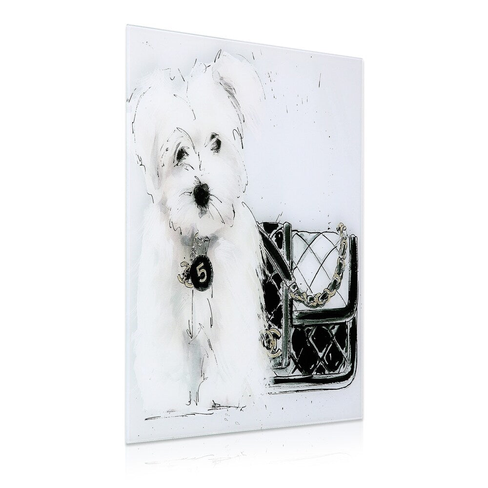 Black and White Dog Wall Art - Frameless Floating Tempered Glass Canvas - Perfect for Living Room, Bedroom & Pet Lover Home Decor
