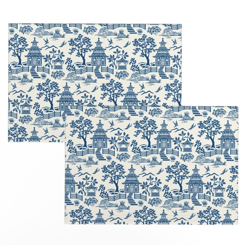 Premium Linen Cotton Canvas Placemats Set of 2 - Blue White Chinoiserie Willow Pagoda Design for Elegant Dining & Home Decor | Washable Table Mats for Everyday Use, Dinner Parties & Special Occasions