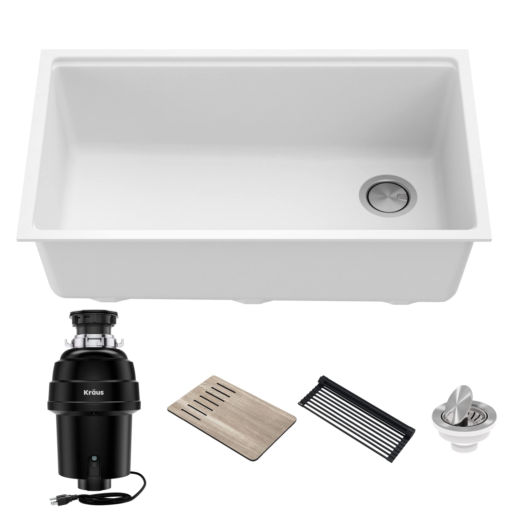 Kraus KGUW1-33WH-100-100 Bellucci Workstation 32-Inch Undermount Granite Composite Single Bowl Kitchen Sink in White | Includes WasteGuard 1 HP Continuous Feed Garbage Disposal & Accessories | Perfect for Modern Kitchens, Food Prep & Dishwashing