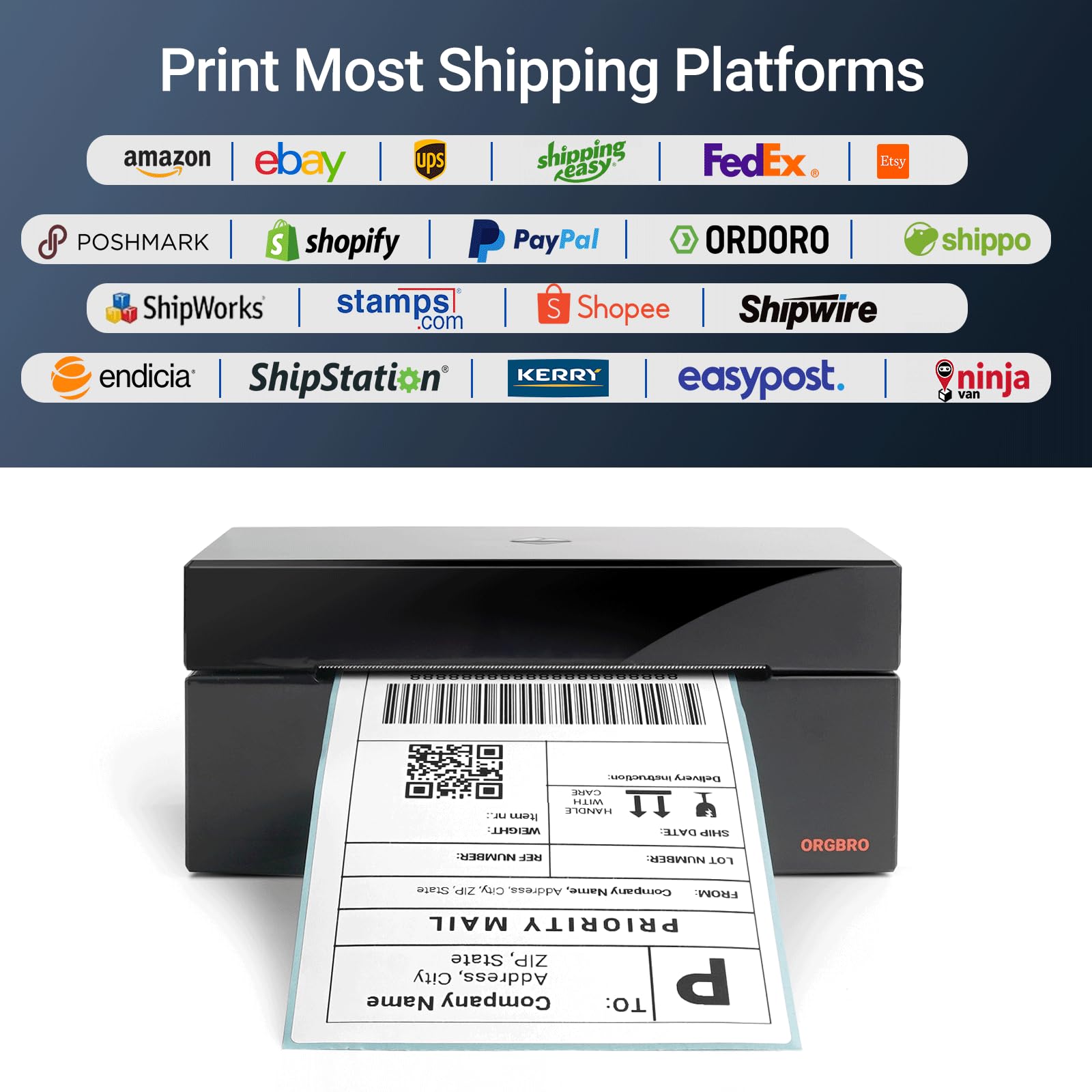 ORGBRO 4x6 Thermal Shipping Label Printer - High Speed Commercial Grade Sticker Maker for Amazon, eBay, Shopify & USPS - USB Thermal Label Printer for Small Business & Ecommerce Shipping Packages - Perfect for Home Offices, Warehouses & Logistics Centers