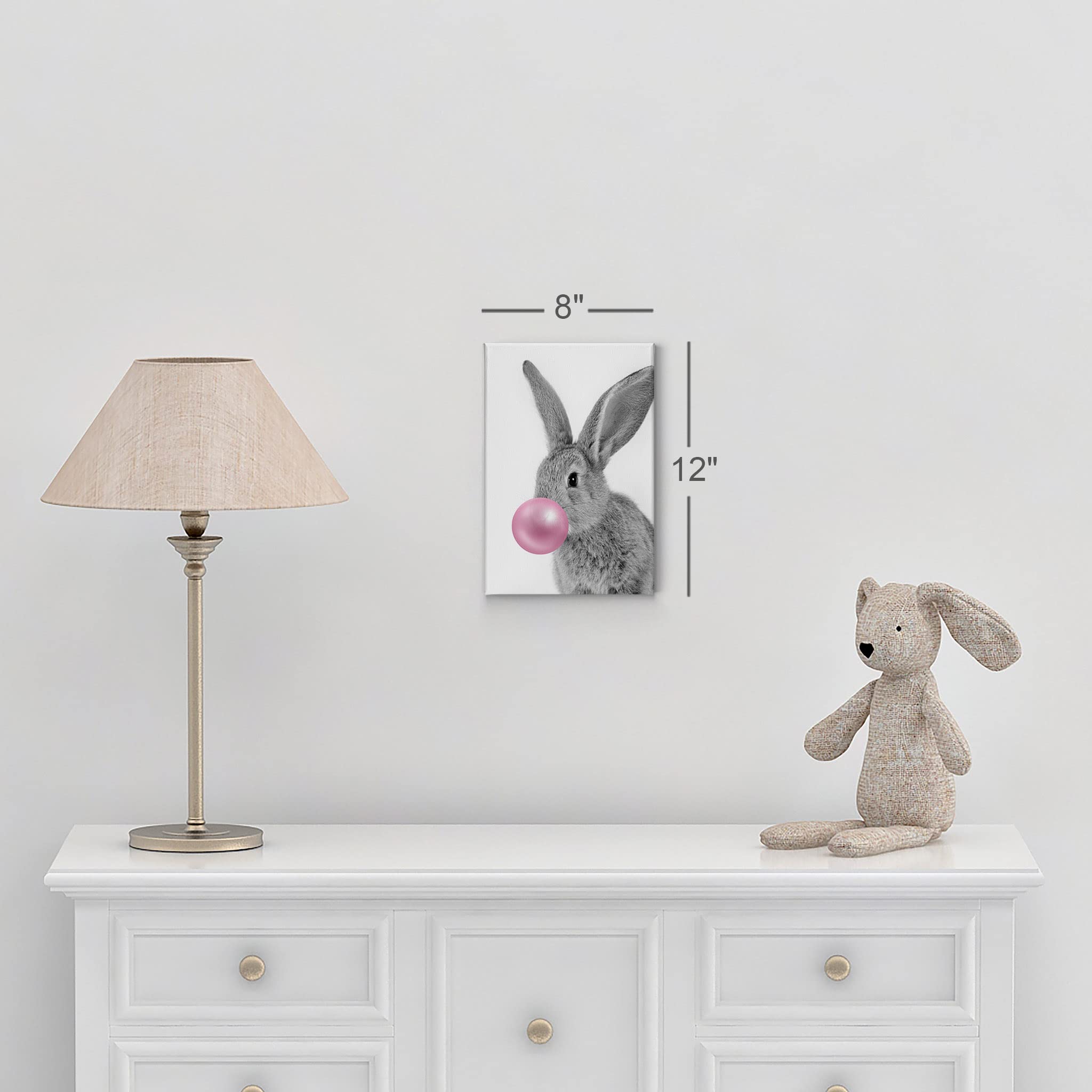 Smile Art Design Bunny Rabbit Canvas Print - Pink Bubble Gum Art, Black & White Wall Decor for Kids Room, Nursery, Gift - Stretched & Ready to Hang (36x24) | Made in USA | Perfect for Baby Showers, Children's Bedrooms & Playroom Decor