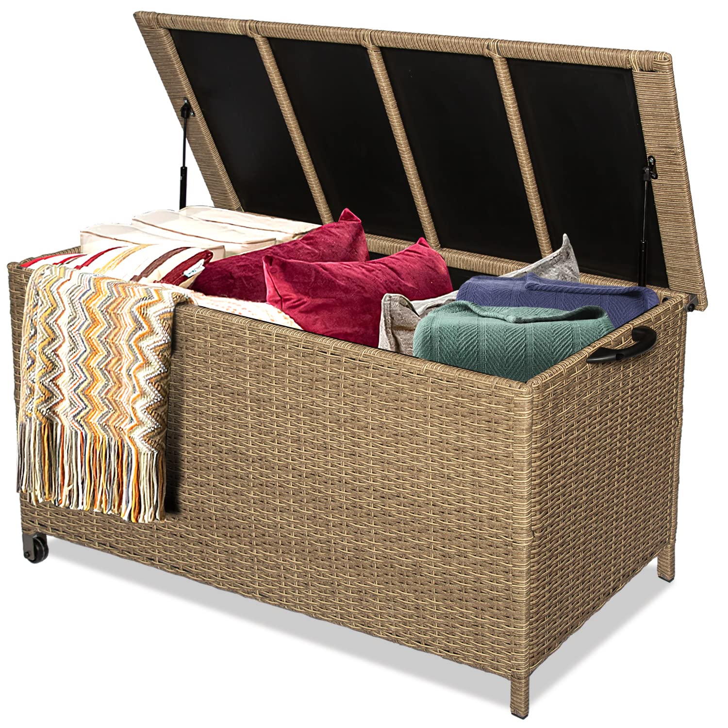 120 Gallon Heavy Duty Outdoor Wicker Storage Deck Box with Handles - Aluminum Frame Patio Storage Container for Backyard, Garden, Poolside - Perfect for Organizing Cushions, Toys, and Outdoor Gear (Khaki)