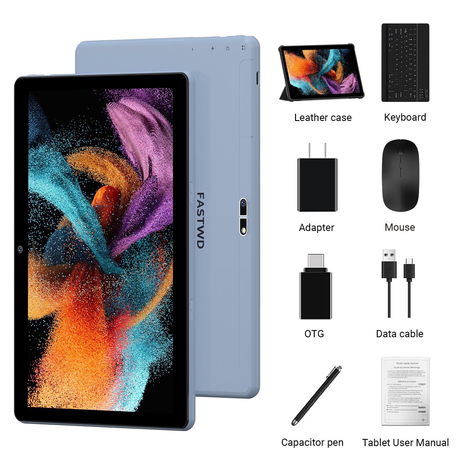 FASTWD 10 Inch Android 14 Tablet (2024 Model) - 5G WiFi Tablet PC with 36GB RAM & 128GB ROM (Expandable to 1TB), 8000mAh Battery, 2-in-1 Design Includes Keyboard, Stylus Pen & Mouse - Perfect for Work, Study & Entertainment (Blue)