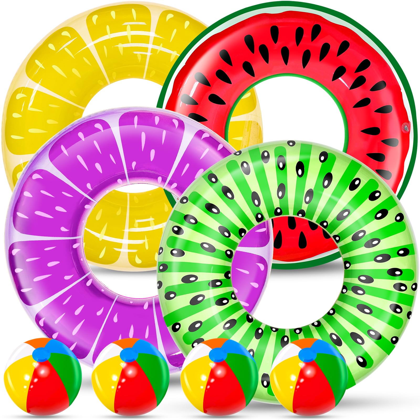 8 Pack Inflatable Pool Floats for Kids & Adults - 4 Fruit Swim Rings + 4 Beach Balls - Summer Water Toys for Pool, Beach, Luau Parties & Backyard Fun - Hawaiian-Themed Floaties for Swimming & Relaxation