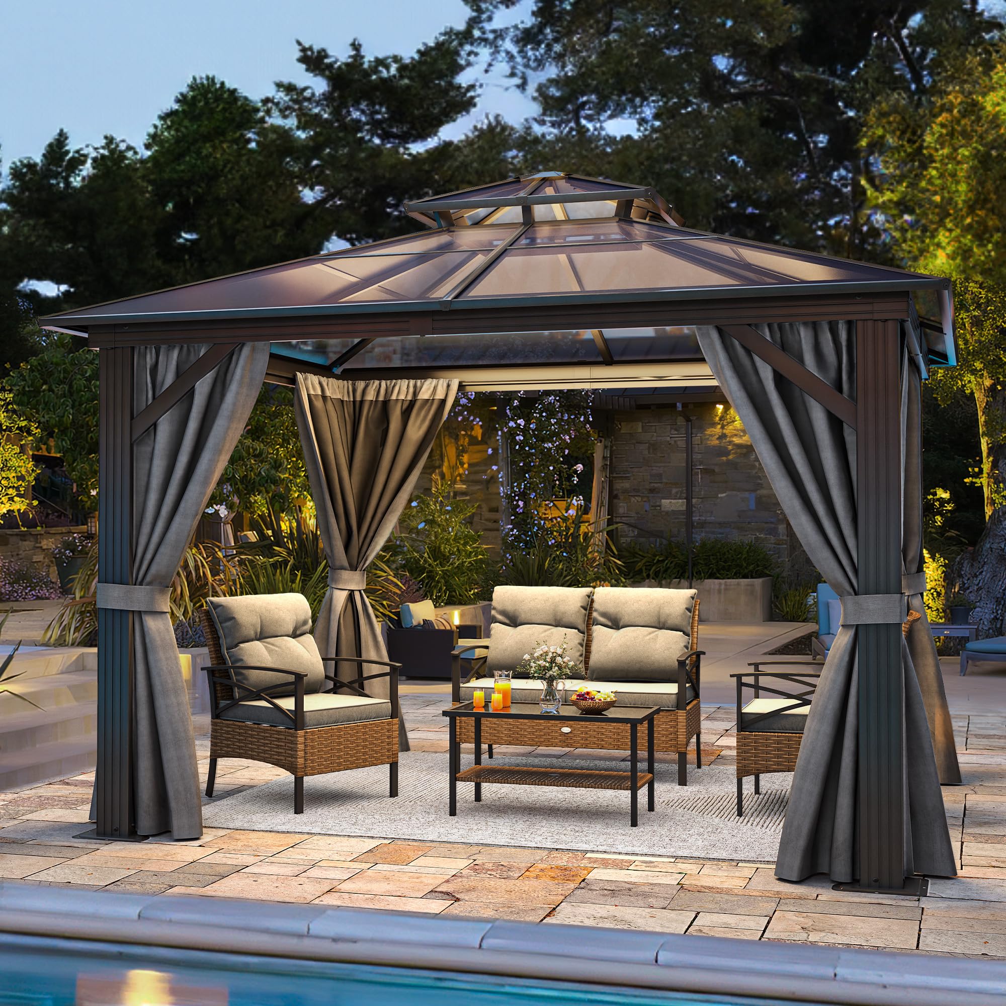 YITAHOME 10x10FT Polycarbonate Hardtop Gazebo with Double Roof, Netting & Shaded Curtains - Aluminum Frame Outdoor Canopy Tent for Patio, Backyard, Deck, Garden - Perfect for Outdoor Dining, BBQ Parties & Summer Relaxation (Grey)