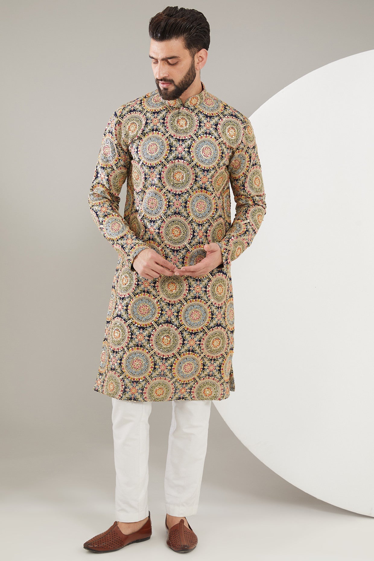 Navy Blue Embroidered Kurta with Heavy Multi-Thread & Zari Work - Elegant Traditional Indian Attire for Weddings, Festivals & Special Occasions