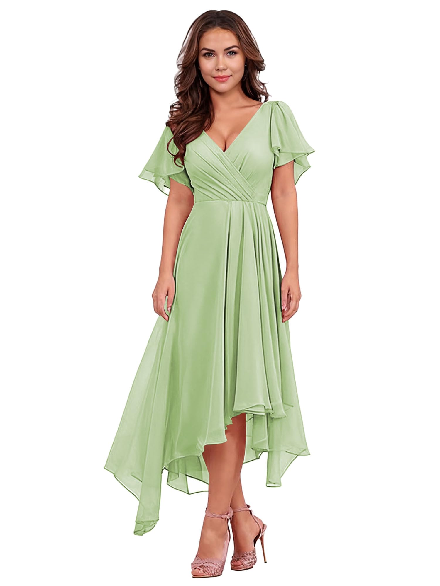 Elegant Chiffon V-Neck Short Sleeve Bridesmaid Dresses for Women - Tea Length Maxi Dress for Wedding Party, Formal Occasions & Special Events
