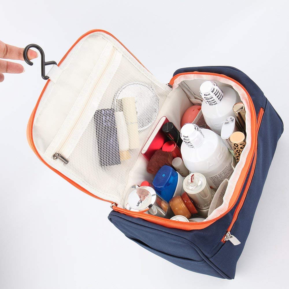 XEAMUSY Extra Large Travel Makeup Organizer Bag - Waterproof Cosmetic Case with Hook for Women | Portable Grooming Kit Storage | Perfect for Travel, Gym & Daily Use | Navy Blue