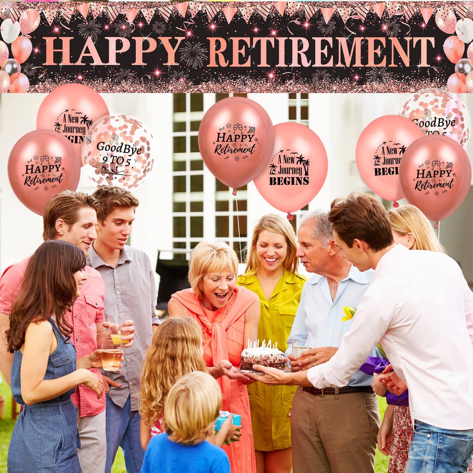 Elegant Rose Gold & Black Retirement Banner with 18 Balloons - Perfect for Women's Retirement Party Decorations, Farewell Celebrations & Anniversary Events - Yard Sign, Wall Decor & Party Supplies