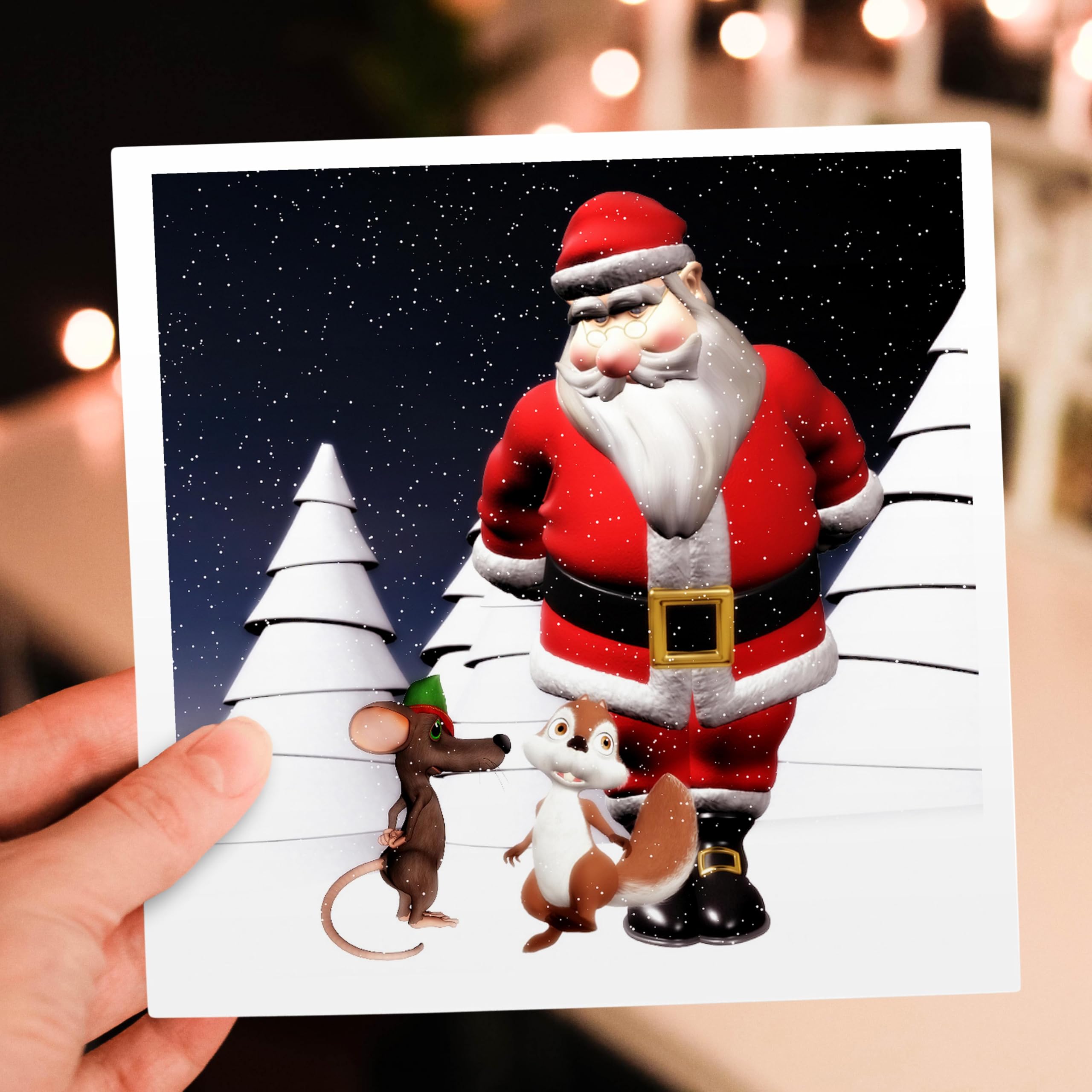 Christmas Greeting Card - Santa Claus with Squirrel and Mouse Holiday Design - Perfect for Winter Festivals, Holiday Gifts & Christmas Decorations