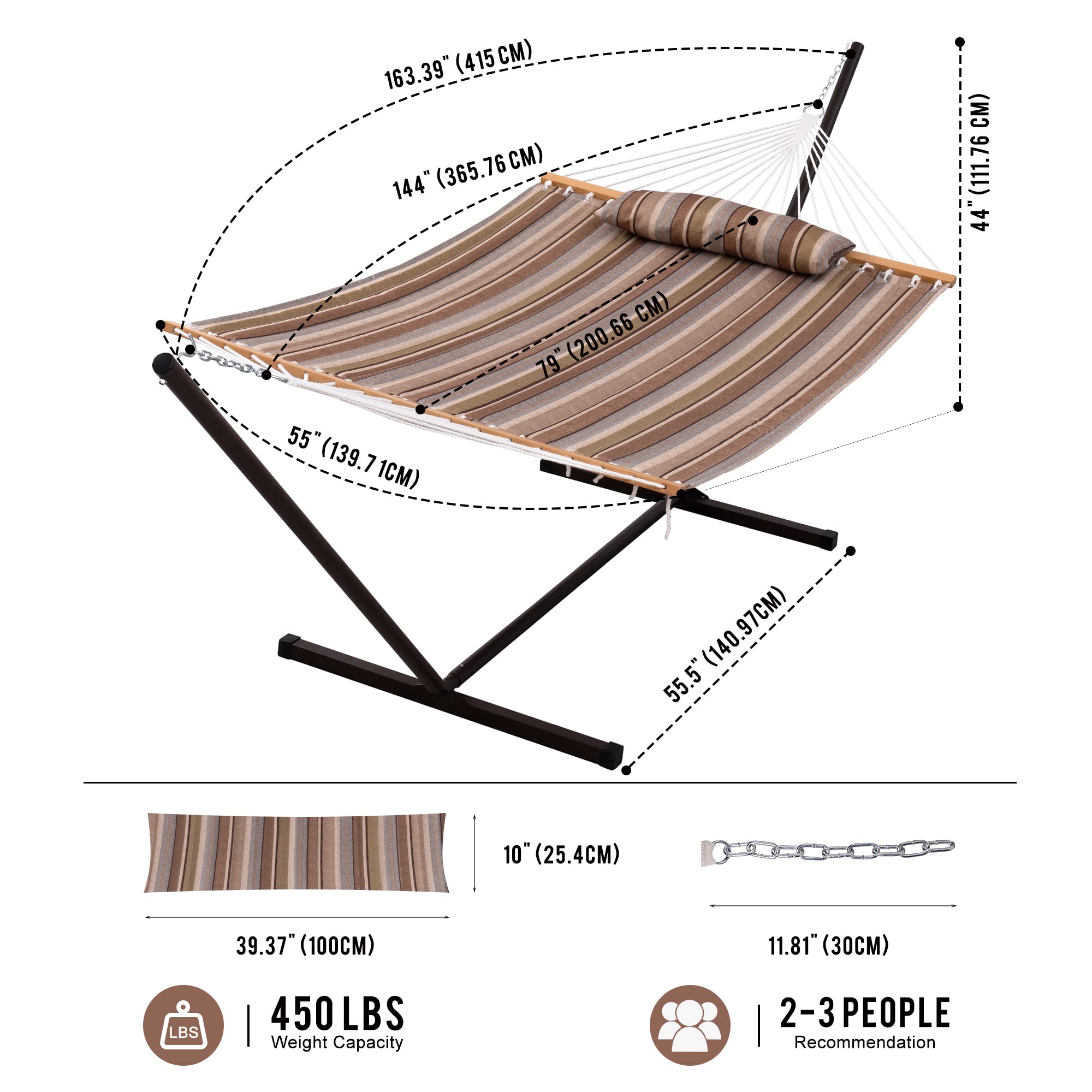 Quilted Fabric Hammock with 12 Feet Stand - 2 Person Double Hammock for Outdoor, Indoor, Patio, Garden & Backyard - 450 lbs Capacity (Olive Green/Taupe Stripes) - Perfect for Relaxing, Camping, Lounging & Family Bonding Time