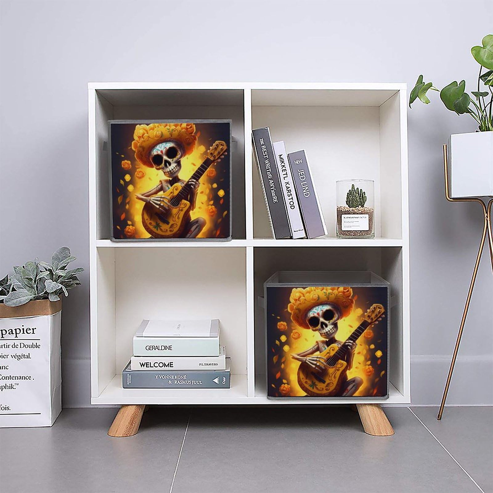 Funny Skull Playing Guitar Yellow Flower Foldable Storage Cube Organizer with Handles - Square Storage Basket for Home, Office & Kids Room Organization (1 Pack) - Perfect for Toys, Books & Clothes Storage