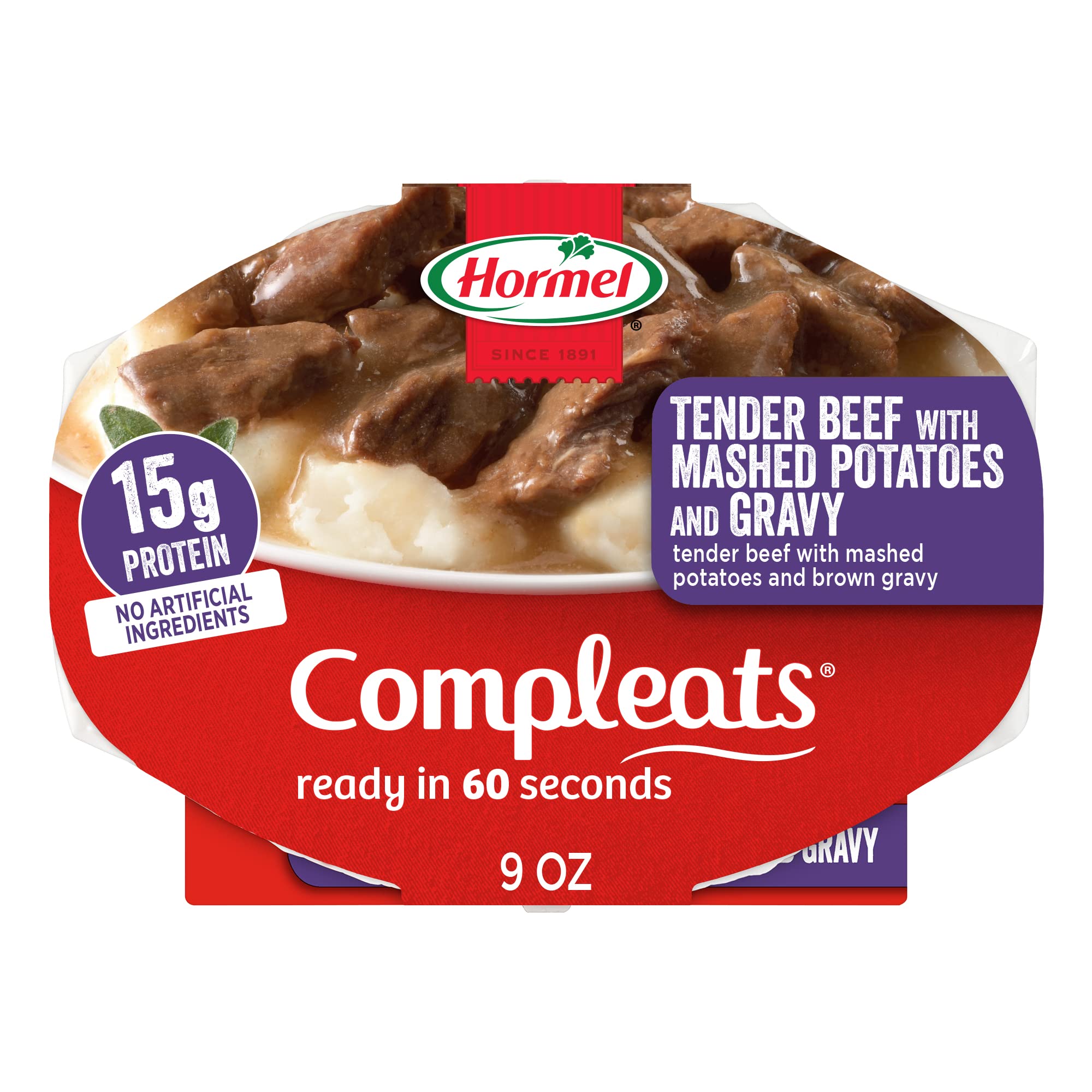 HORMEL COMPLEATS Tender Beef With Mashed Potatoes & Gravy - Microwave Ready Meal Tray, 9 oz (6 Pack) | Quick & Easy Lunch or Dinner Solution for Busy Professionals & Students | Perfect for Office, Dorm, or On-the-Go Meals