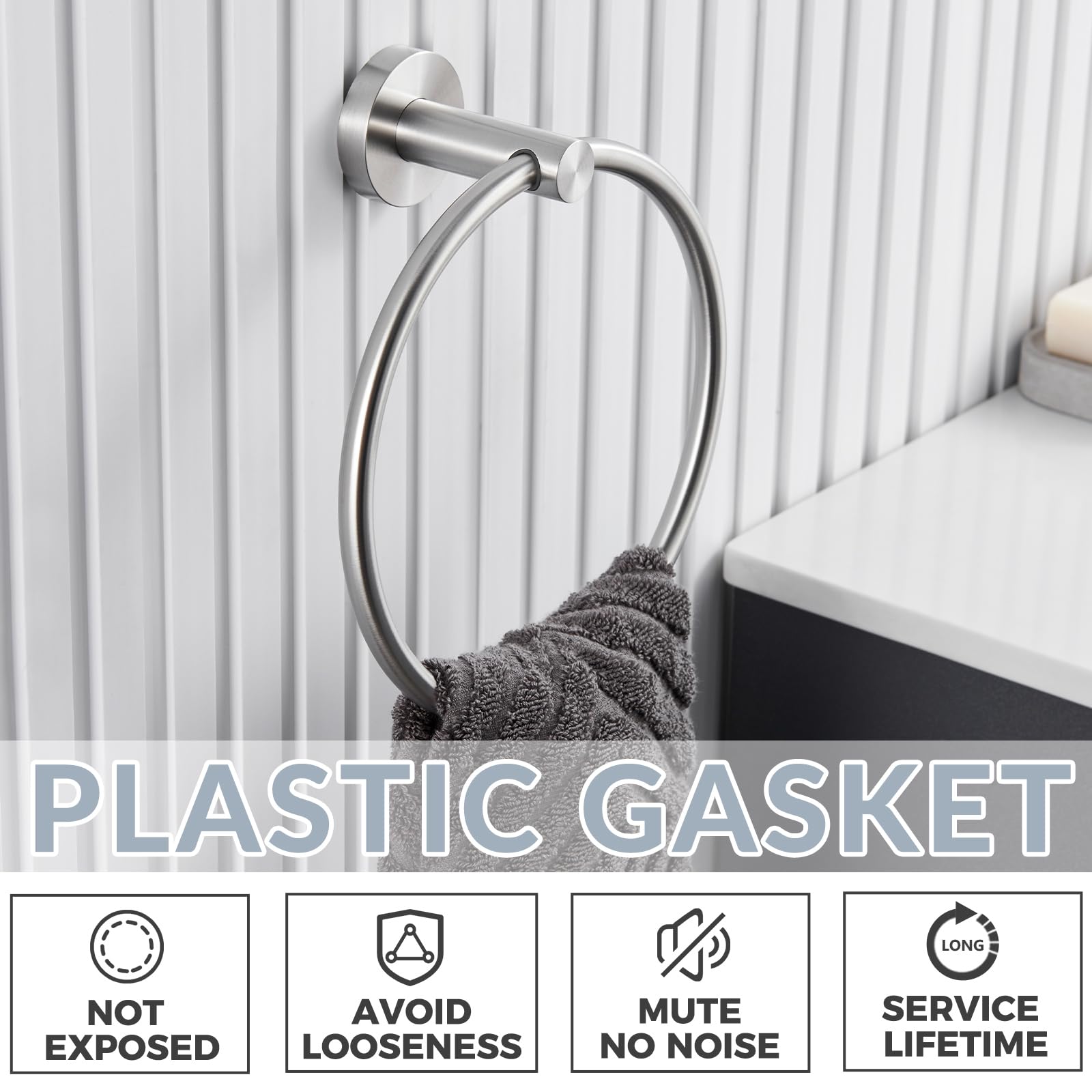 APLusee Brushed Nickel Towel Ring - 304 Stainless Steel Wall Mounted Hand Towel Holder for Bathroom & Kitchen - Single Round Swivel Hanger - Perfect for Small Spaces & Guest Bathrooms