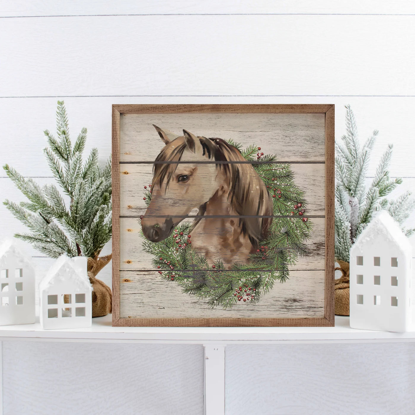 Horse Wreath Wood Framed Print - Elegant Equestrian Wall Art Decor for Home, Office & Stable | Perfect Gift for Horse Lovers
