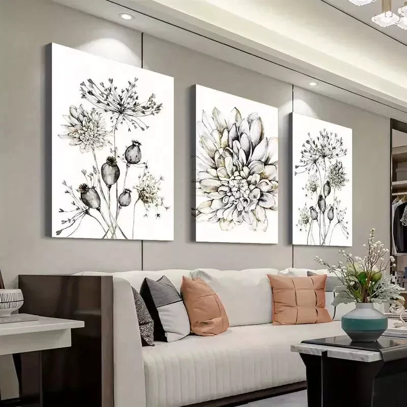 3-Piece Boho Chic Dandelion & Dahlia Flower Wall Art Set - 50x70cm Framed Canvas Prints - High Quality Australian Made - Ready to Hang - Perfect for Living Room, Bedroom & Office Decor