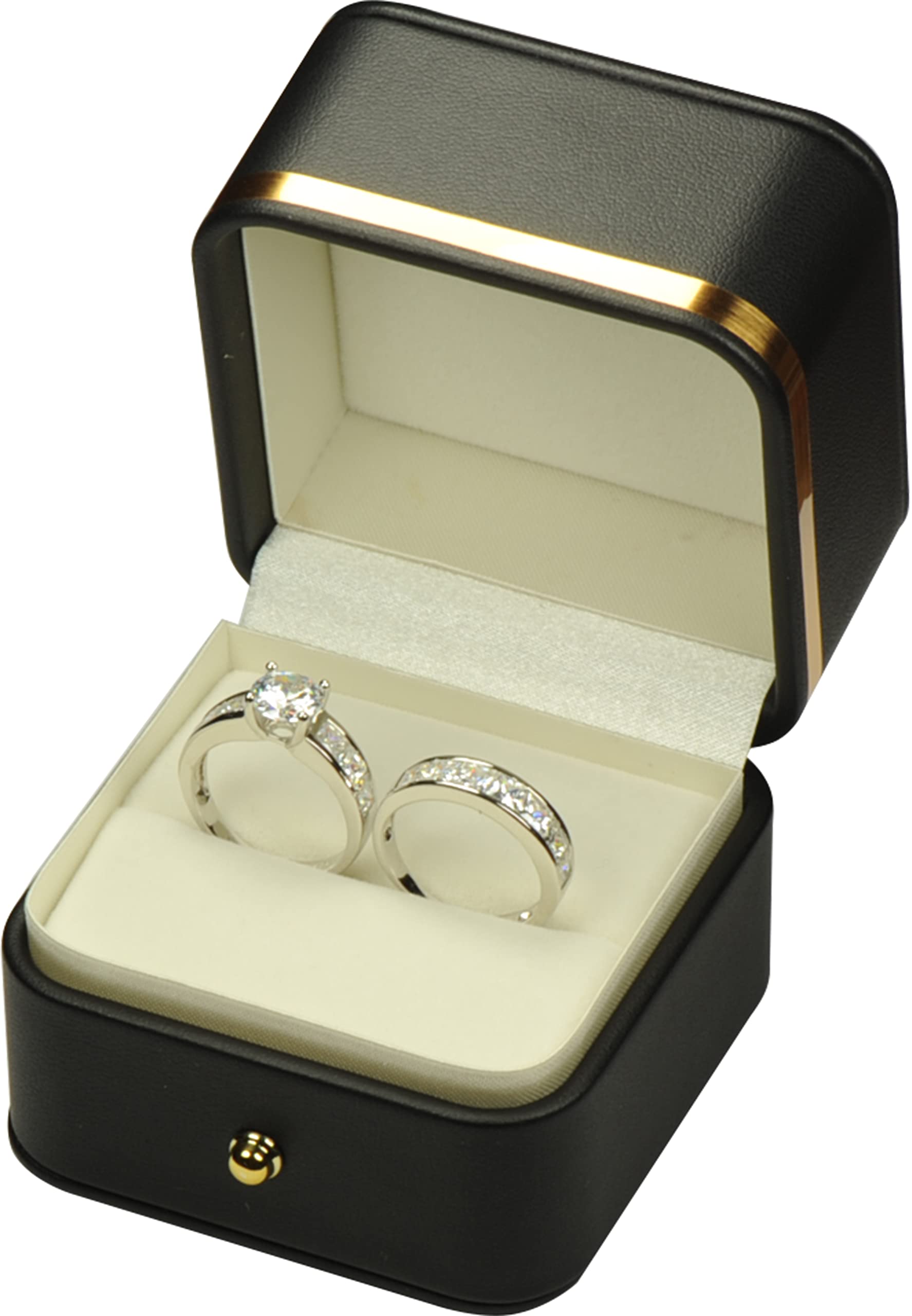 Luxury Black PU Leather Ring Box with Gold Trim - Elegant Engagement & Wedding Proposal Jewelry Gift Holder for Men & Women - Perfect for Proposals, Anniversaries, and Special Occasions
