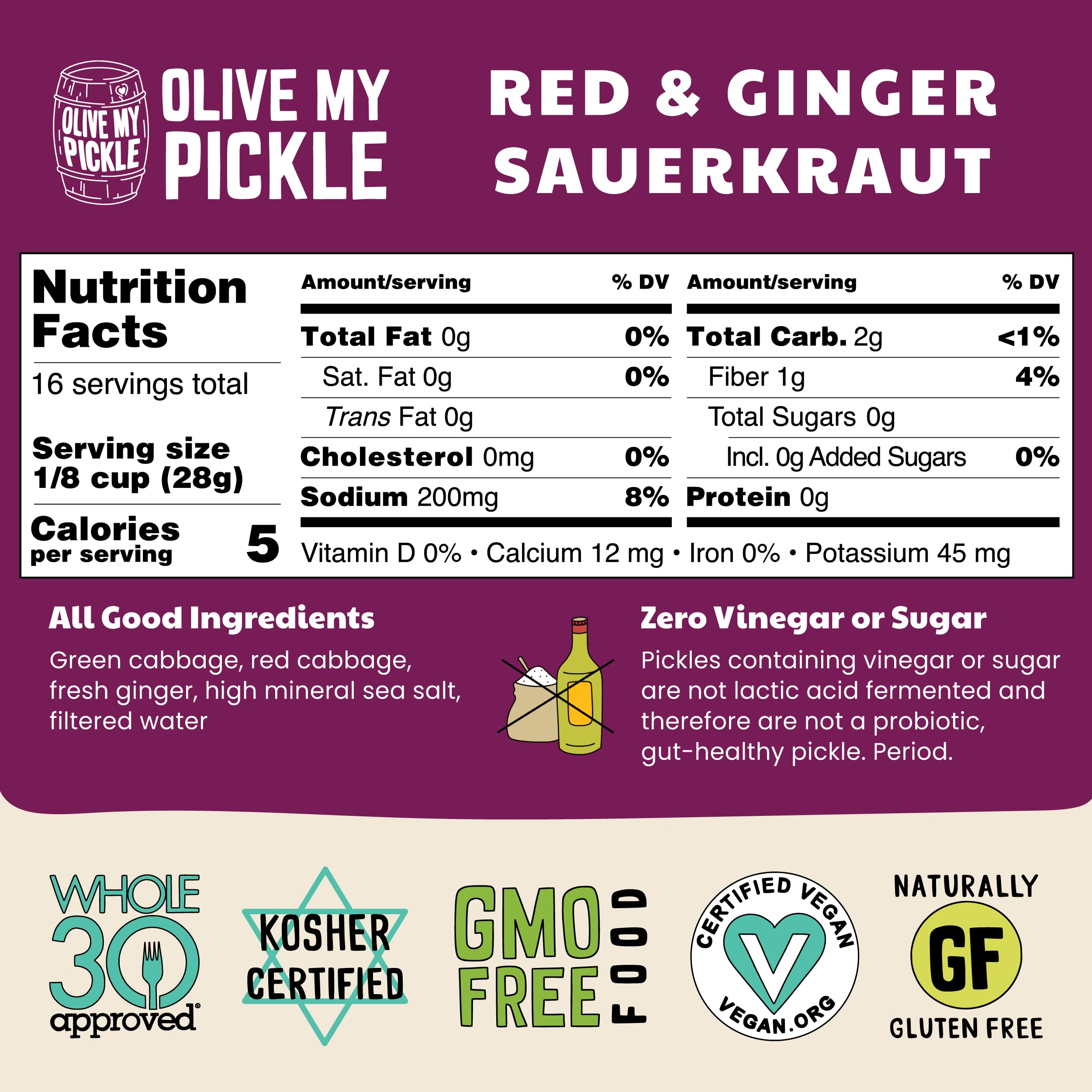 Fermented Sauerkraut 48oz - Probiotic Red & Ginger for Gut Health | Perfect for Sandwiches & Asian Dishes