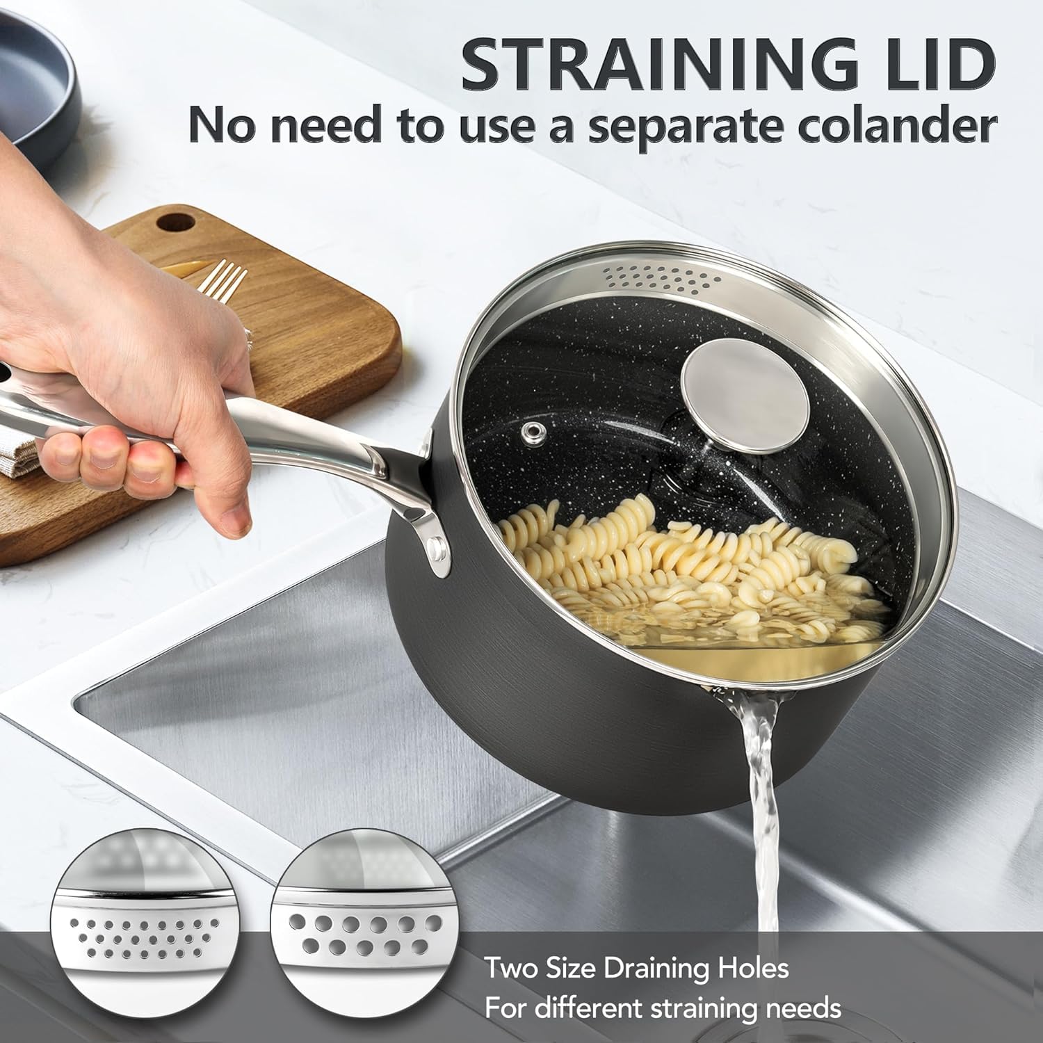 MICHELANGELO 3 Quart Nonstick Saucepan with Strainer Lid - Hard Anodized Aluminum Cooking Pot with Pour Spouts & Granite Coating - Perfect for Sauces, Soups, Pasta & Everyday Cooking (3 Qt)