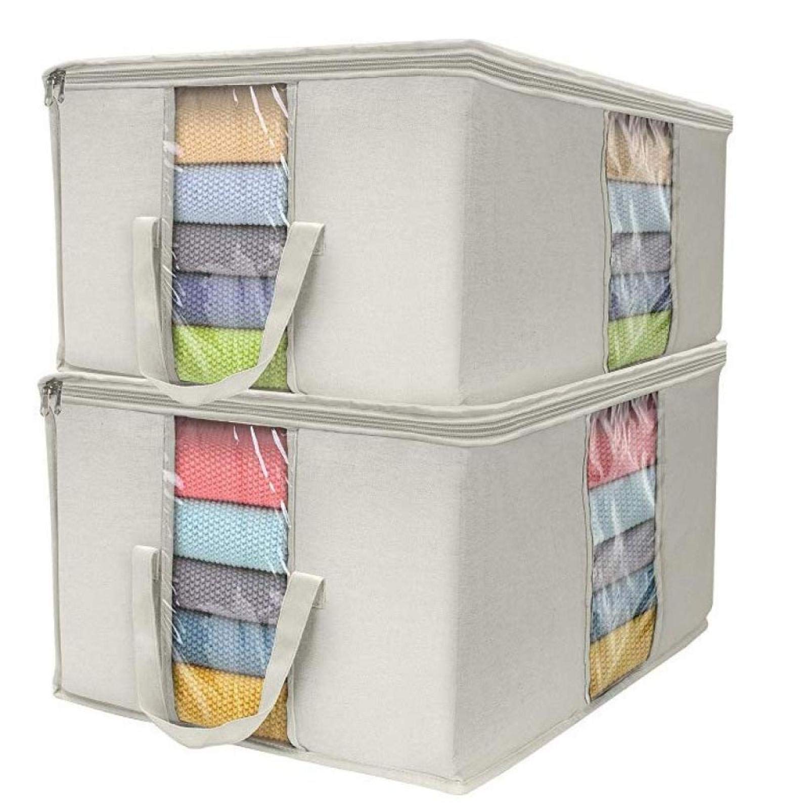 JINGMIAO Large Foldable Fabric Storage Bag for Home Organization - Quilt, Clothing, Blanket Storage Box with Window - Beige | Perfect for Closet, Bedroom, and Seasonal Storage