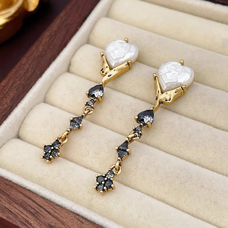 Luxury Black Heart Pearl Drop Earrings for Women - 925 Sterling Silver Dangle Earrings | Perfect for Weddings, Parties & Special Occasions | HE13351