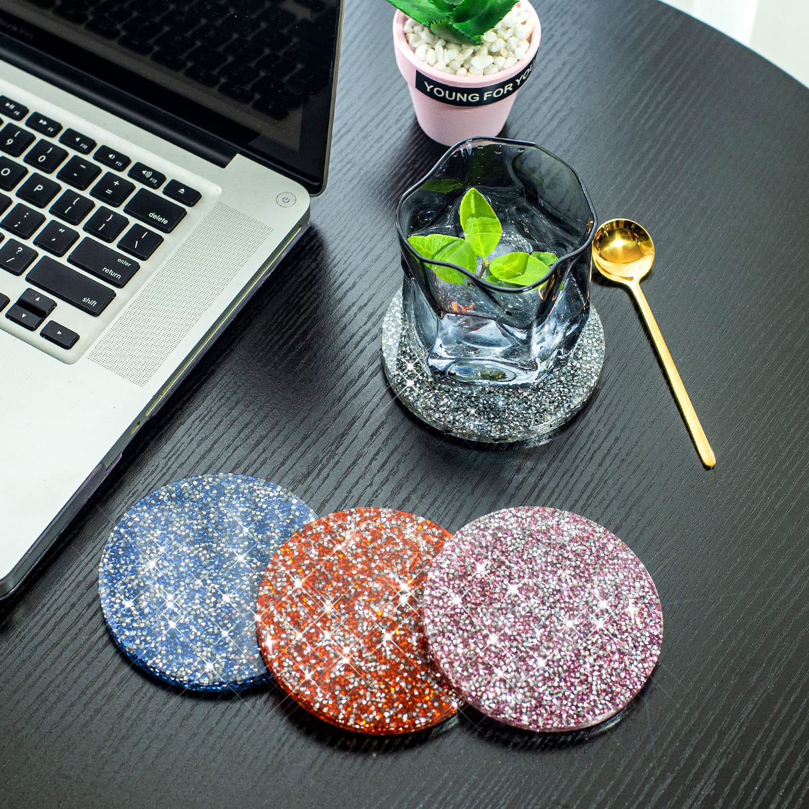Sparkling Rhinestone Crystal Coasters Set - Elegant Grey Coffee Table Mats for Home Decor & Protection - Perfect for Parties, Weddings, and Living Room Decorations