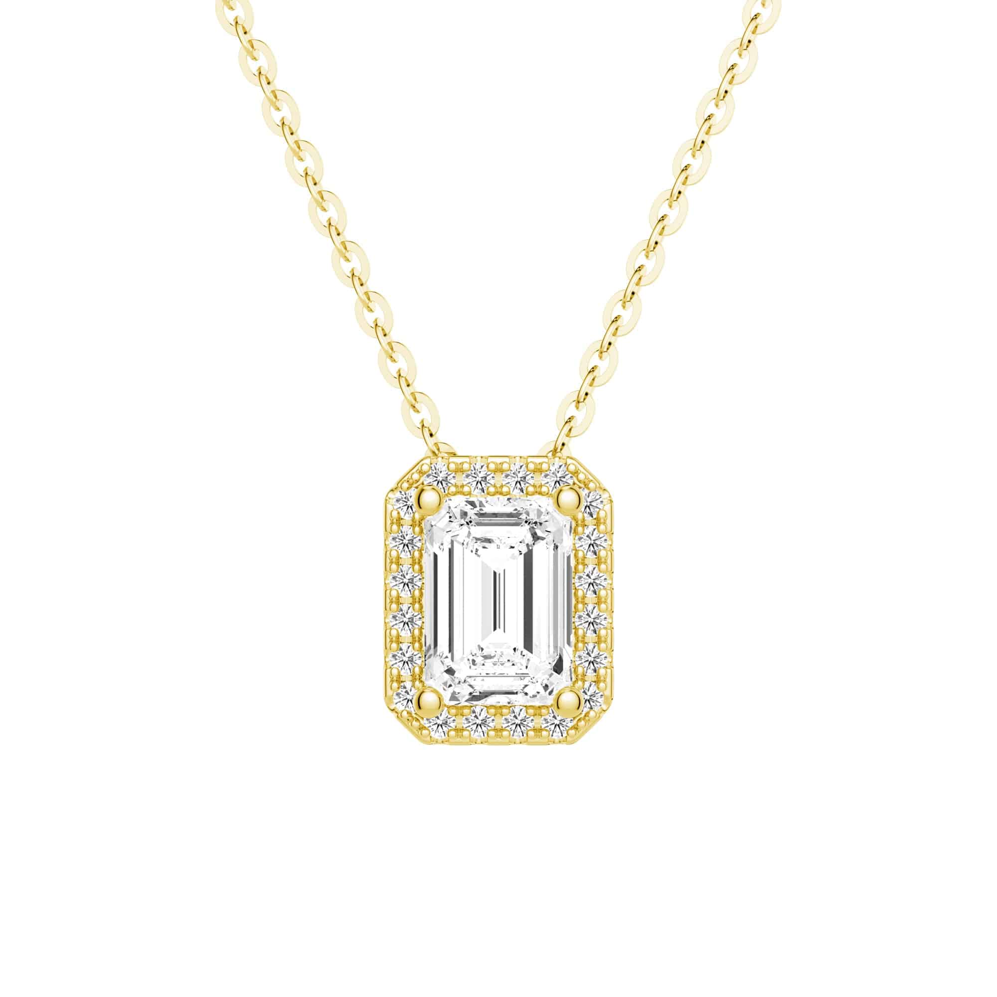 Emerald Cut Pavé Moissanite Halo Pendant Necklace - 14K Gold Plated Elegant Jewelry for Women | Perfect for Weddings, Anniversaries & Special Occasions