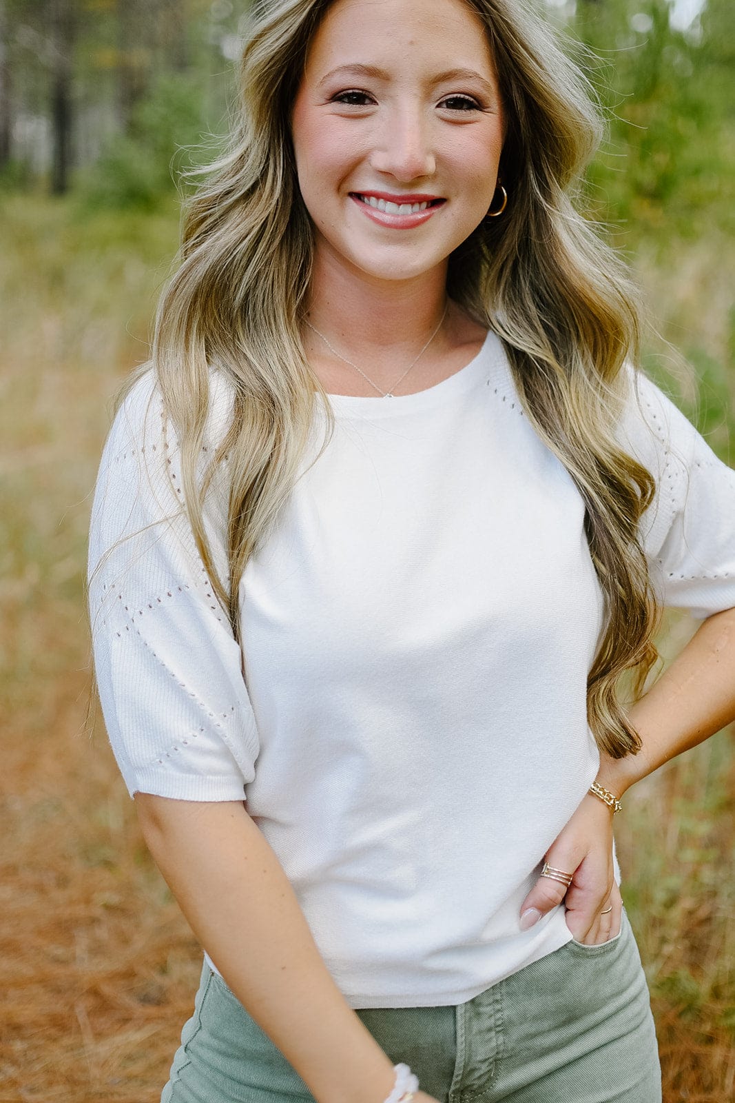 Women's White Knit Short Sleeve T-Shirt - Soft Cotton Casual Top with Unique Design Details for Everyday Wear, Date Nights & Summer Outfits
