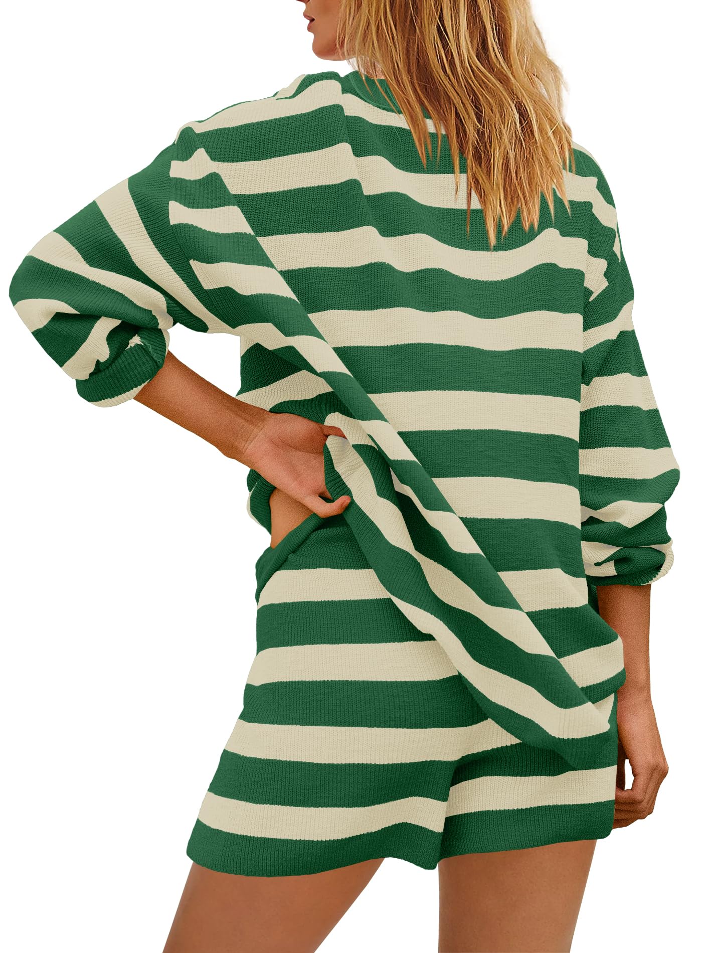 Yanekop Women's Striped Sweater Set - Oversized 2 Piece Lounge Outfit with Long Sleeve Tunic & Shorts | Cozy Pajama Set for Home, Sleepwear & Casual Wear