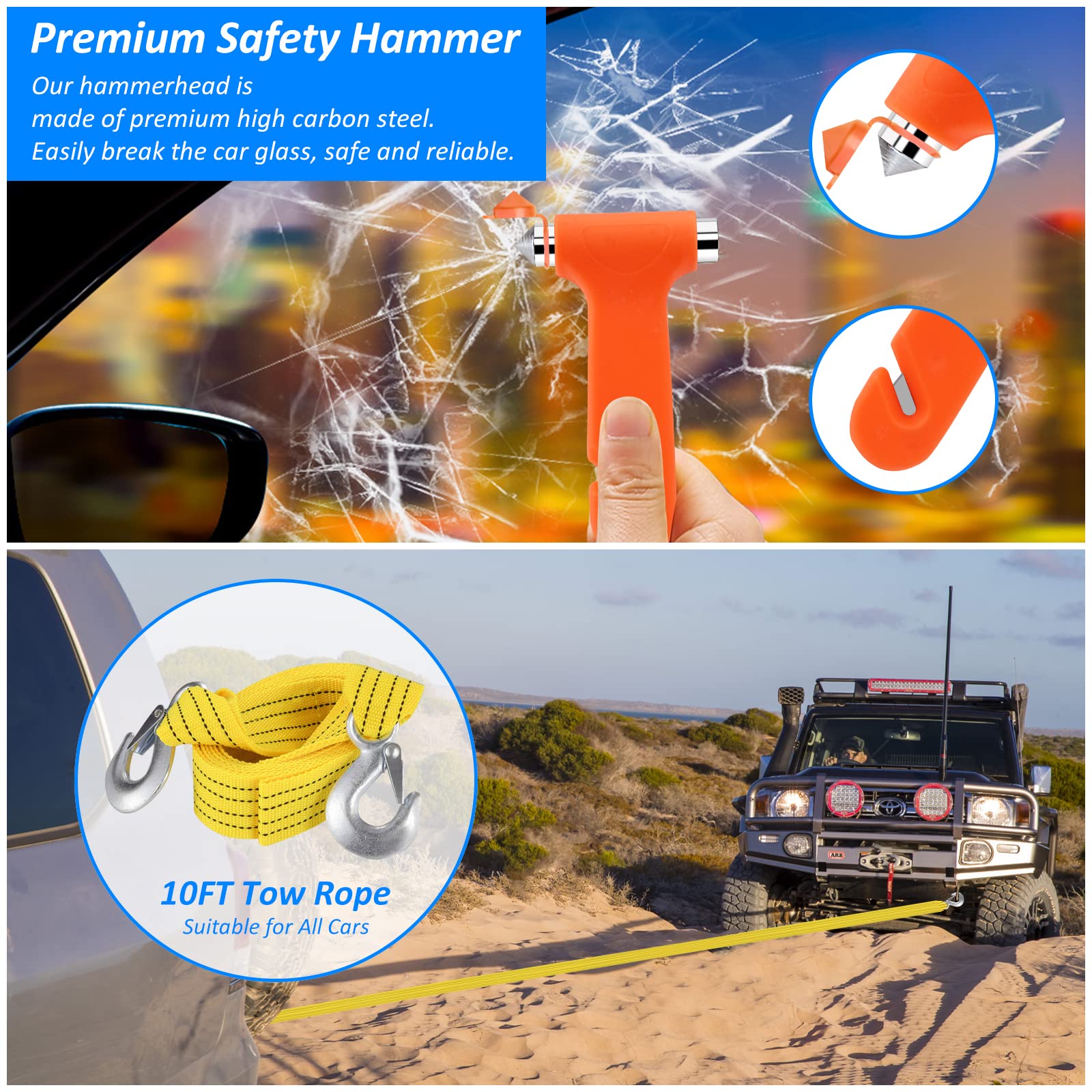 Premium Car Emergency Safety Kit - Auto Roadside Assistance Kit with Jumper Cables, First Aid & Tools for Cars, Trucks & RVs - Essential for Winter Travel & Road Trips