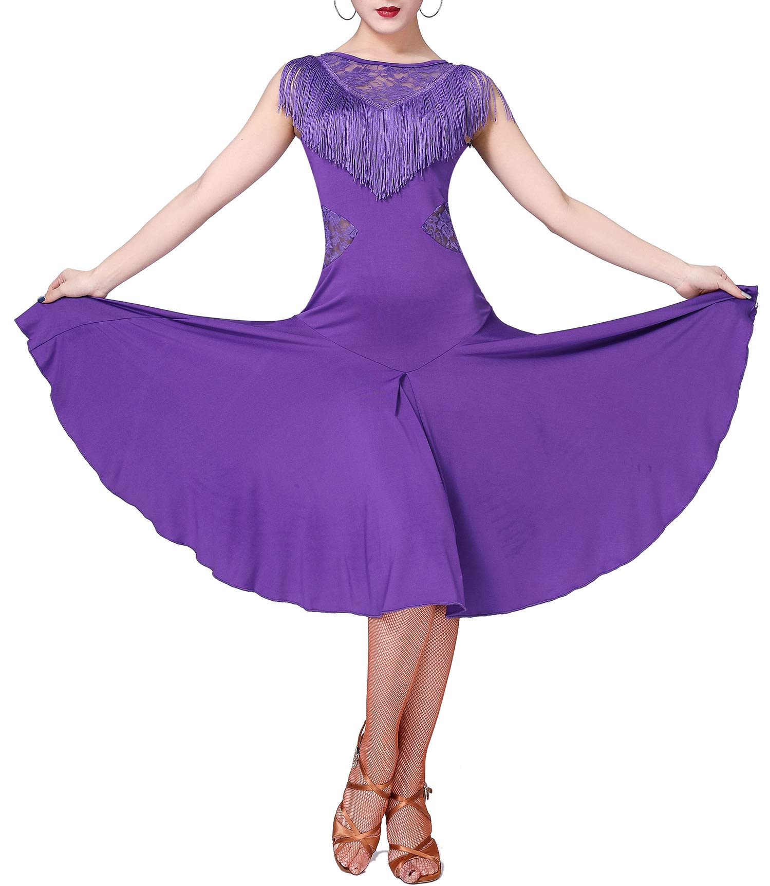 Elegant White Lace Fringe Circular Latin Dance Dress for Women - Perfect for Salsa, Bachata & Ballroom Dance Practice & Performances