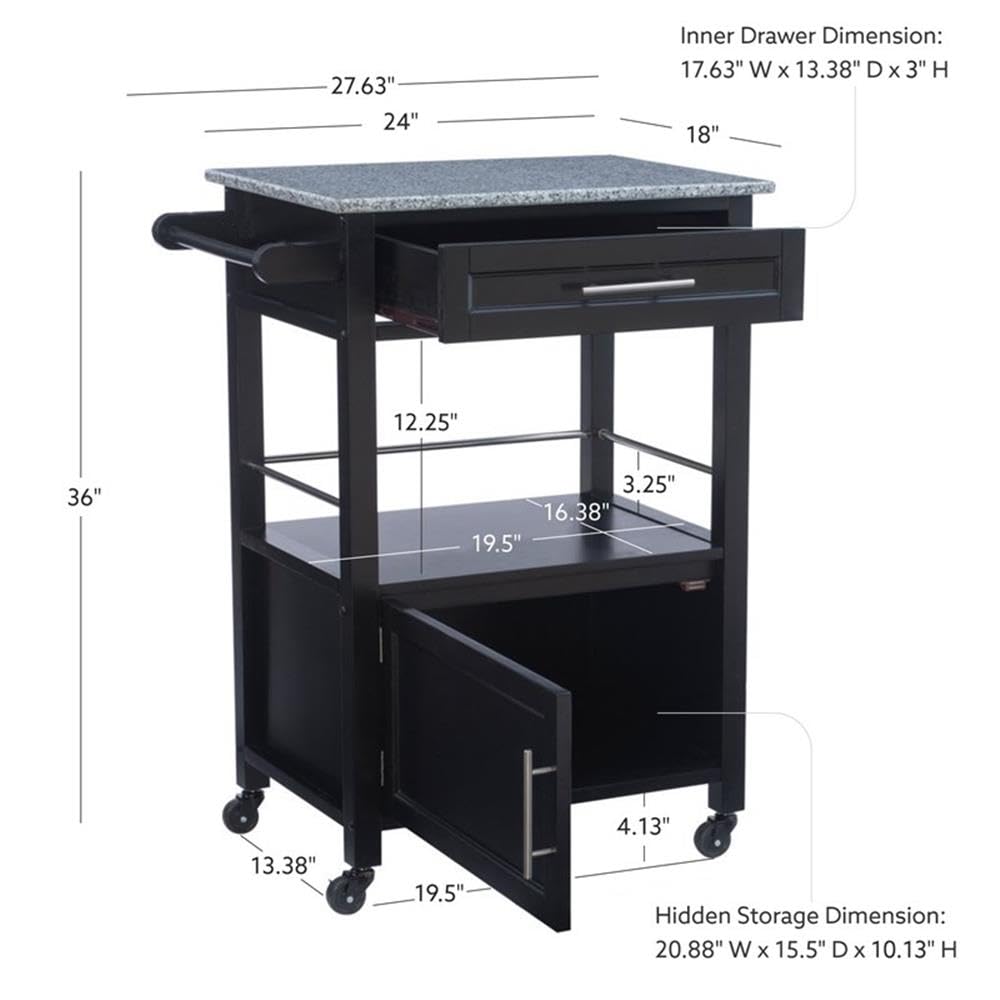 Linon Mitchell Wood Granite Top Rolling Kitchen Cart with Ample Storage - Black | Perfect for Small Kitchens, Dining Rooms & Outdoor Entertaining