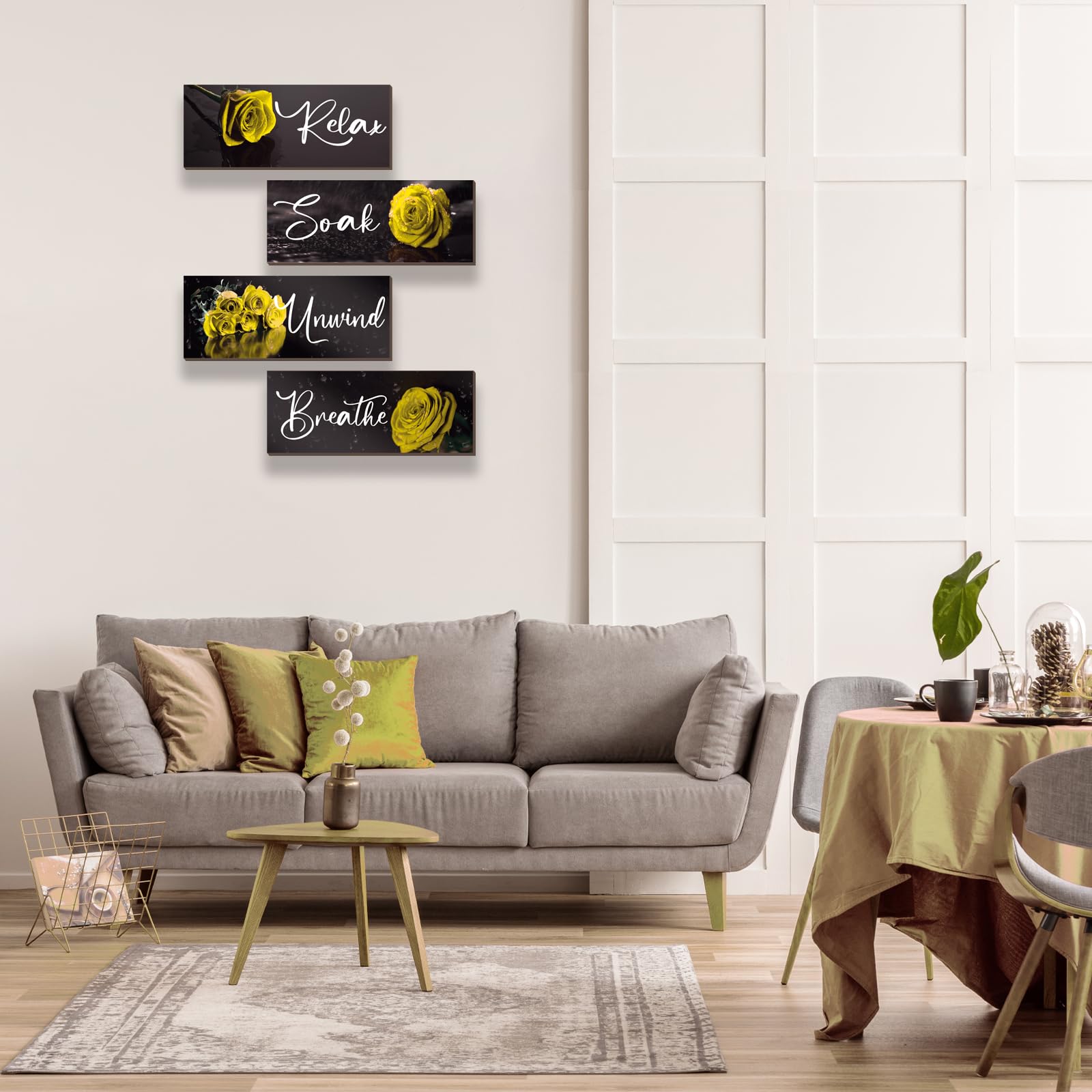 4Pcs Yellow Rose Wall Decor - Wooden Bathroom Accessories Set with 