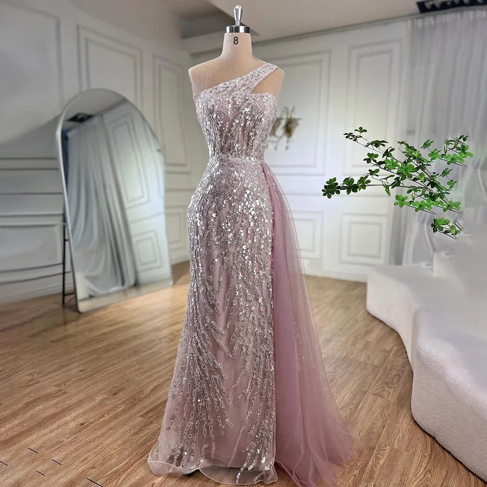 Elegant Pink Mermaid Evening Gown with Beaded One Shoulder Design - Women's Formal Party Dress for Prom, Wedding & Special Occasions - Serene Hill Collection LA71616