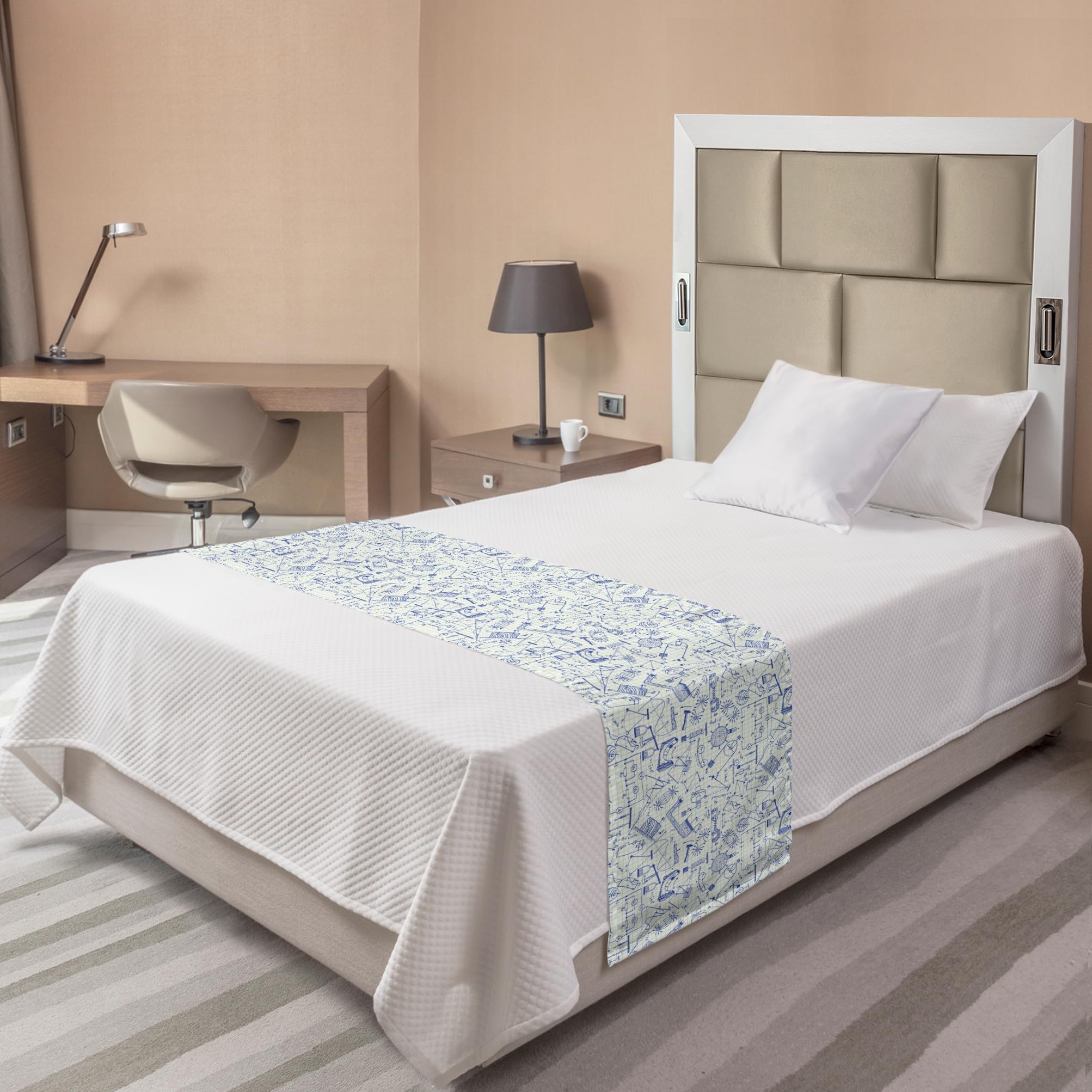Ambesonne Physics Bed Runner - Technical Formula & Drawings on Notebook Paper Design | Decorative Bed Scarf for Twin Beds in Ivory & Indigo | Perfect for Home, Hotel & Guest Room Decor