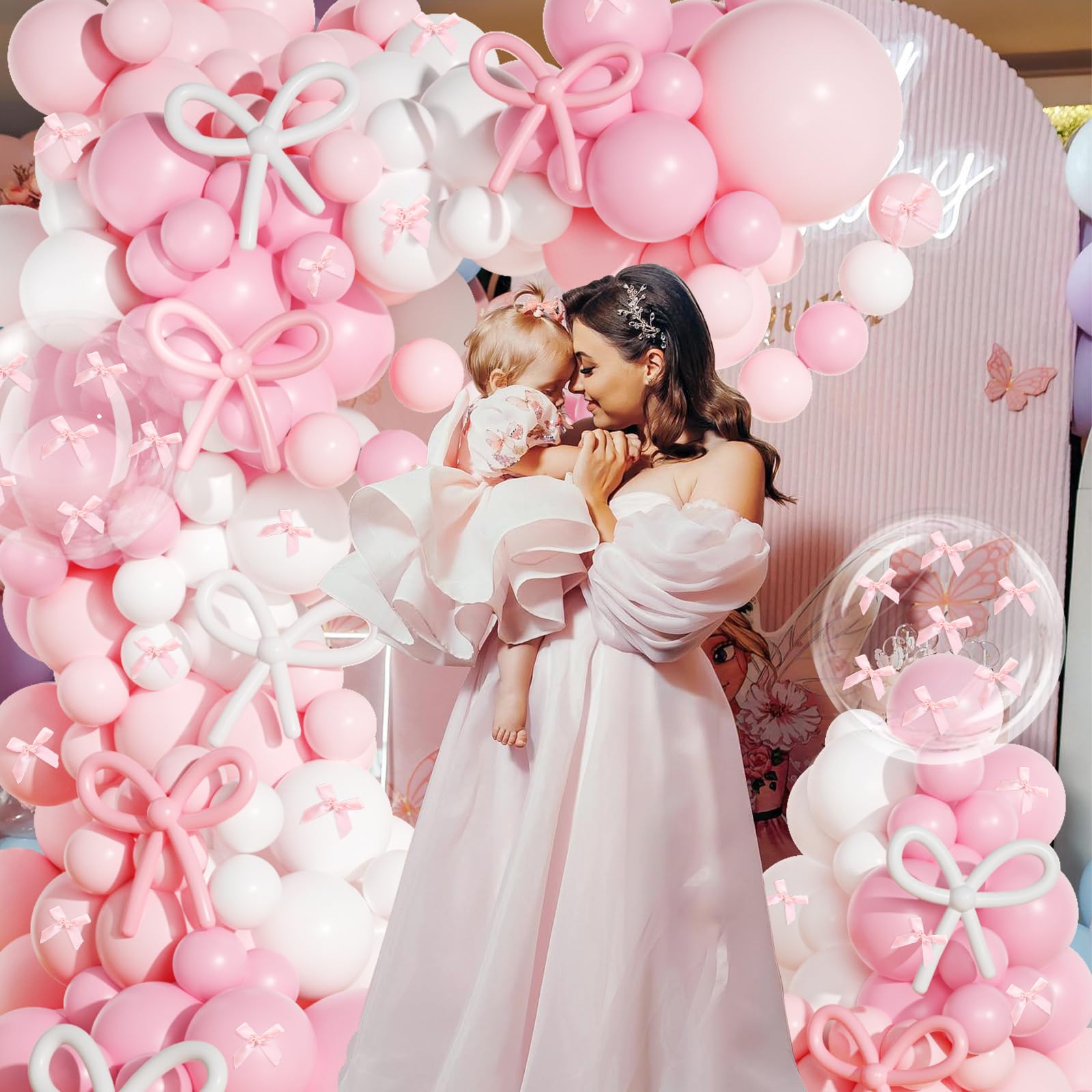 JOGAMS 199Pcs Pink Bow Balloons Arch Kit - Coquette Balloons Garland with 260 Clear Balloons & Pink Ribbon Bows for Birthday, Bachelorette, Baby Shower, Bridal Shower Decorations - Perfect for Party Backdrops, Photo Booths & Event Centerpieces