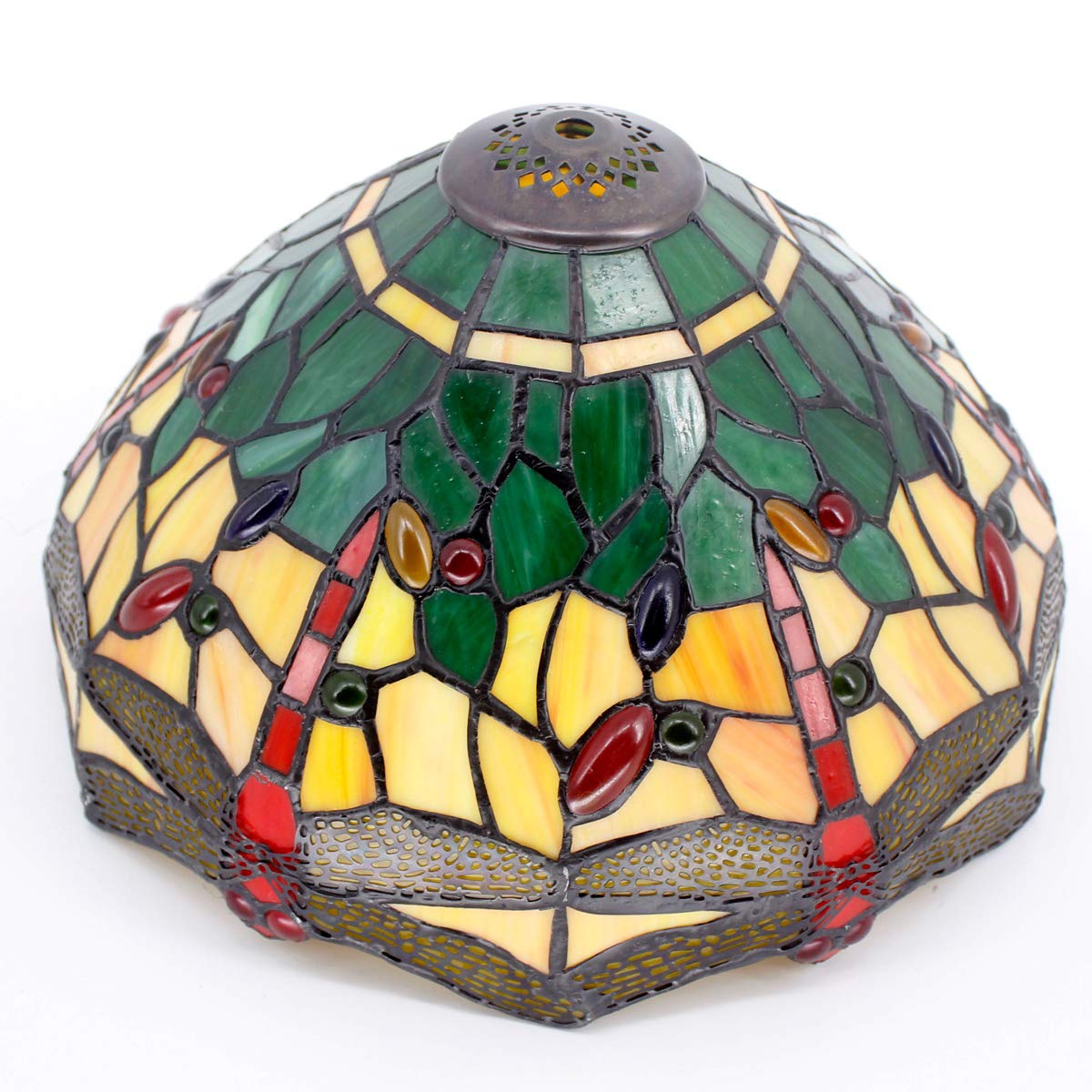 WERFACTORY Tiffany Style Dragonfly Table Lamp - 12x12x18 Inch Stained Glass Bedside Light in Green & Yellow (S009G Series) - Perfect for Bedroom, Living Room, Home Office Decor & Reading
