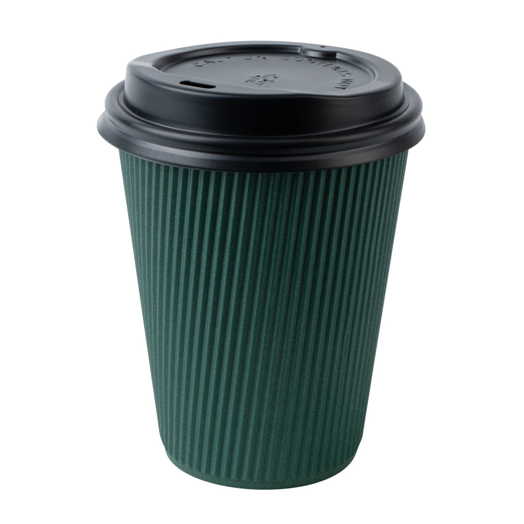 12 oz Eco-Friendly Dark Green Ripple Wall Coffee Cups with Black Lids - 3.5