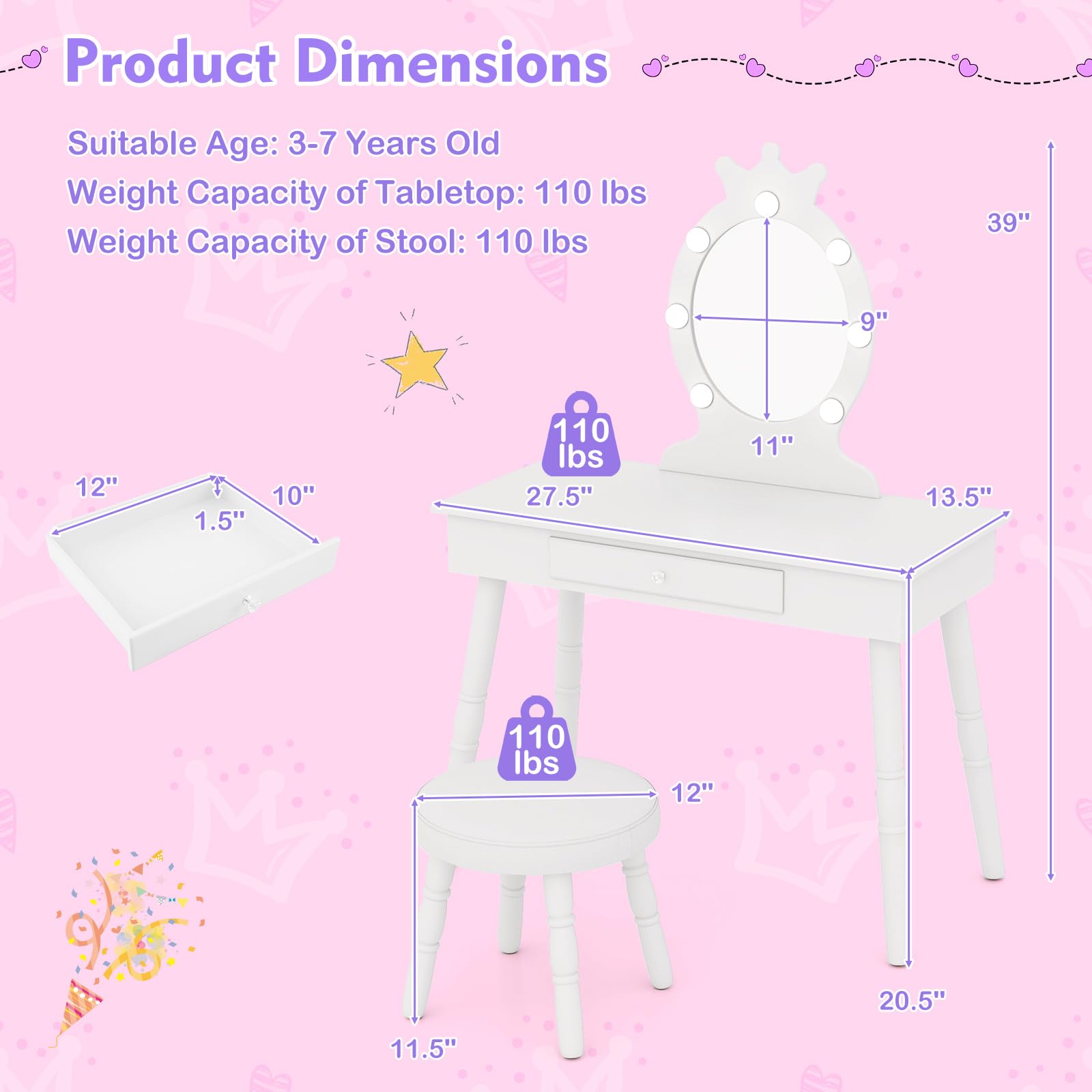 Costzon Kids Vanity Set with Mirror, Stool & LED Lights - 2-in-1 Wooden Makeup Dressing Table with Drawers for Girls - Pretend Play Toy for Toddlers (White) | Perfect for Birthday Gifts & Bedroom Decor