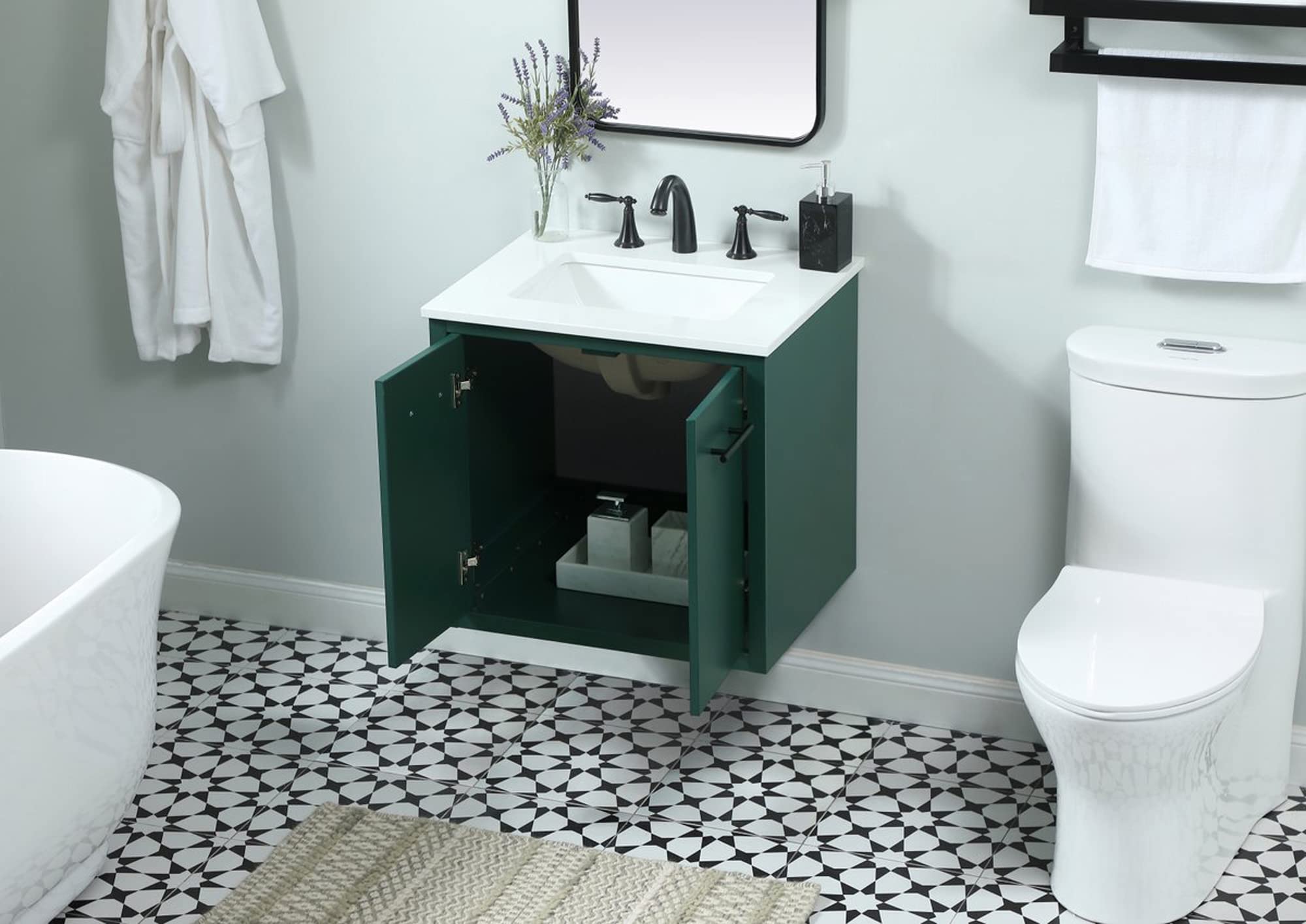 Modern 24-Inch Single Bathroom Vanity with Under Sink Storage Organizer - Elegant Green Decor for Small Bathrooms & Powder Rooms | Space-Saving Bathroom Fixture Solution