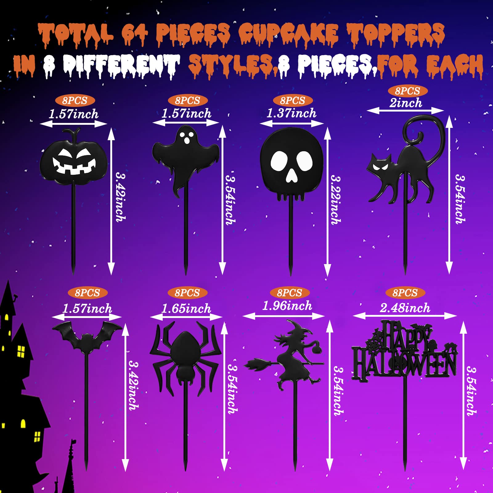 64 Pcs Halloween Cupcake Toppers - Plastic Ghost Picks for Party Decorations, Kids Birthday, Halloween Treats & Dessert Displays