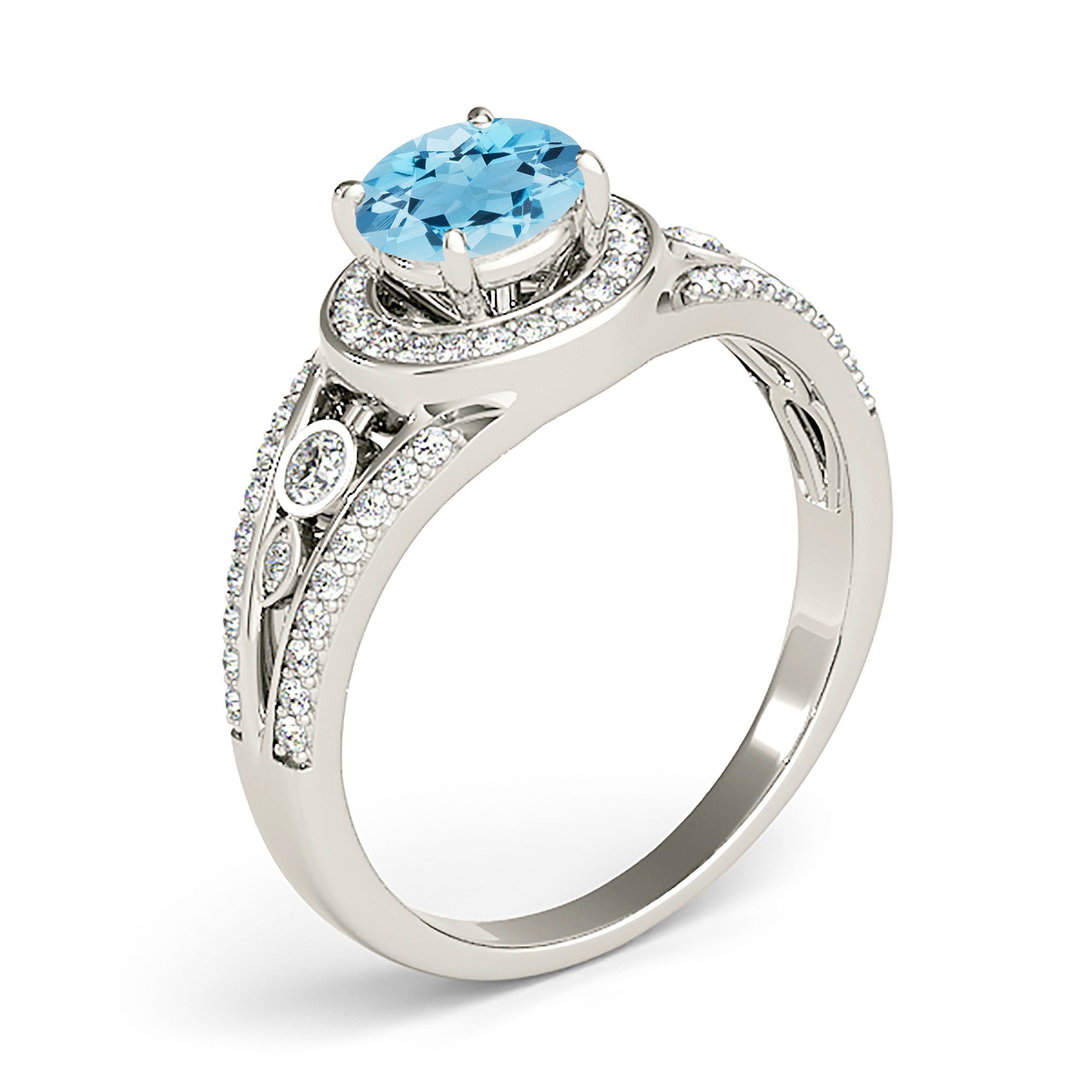 1.10 Carat Genuine Aquamarine Halo Ring with V-Shaped Band - Elegant Engagement, Wedding, or Anniversary Jewelry Gift for Women