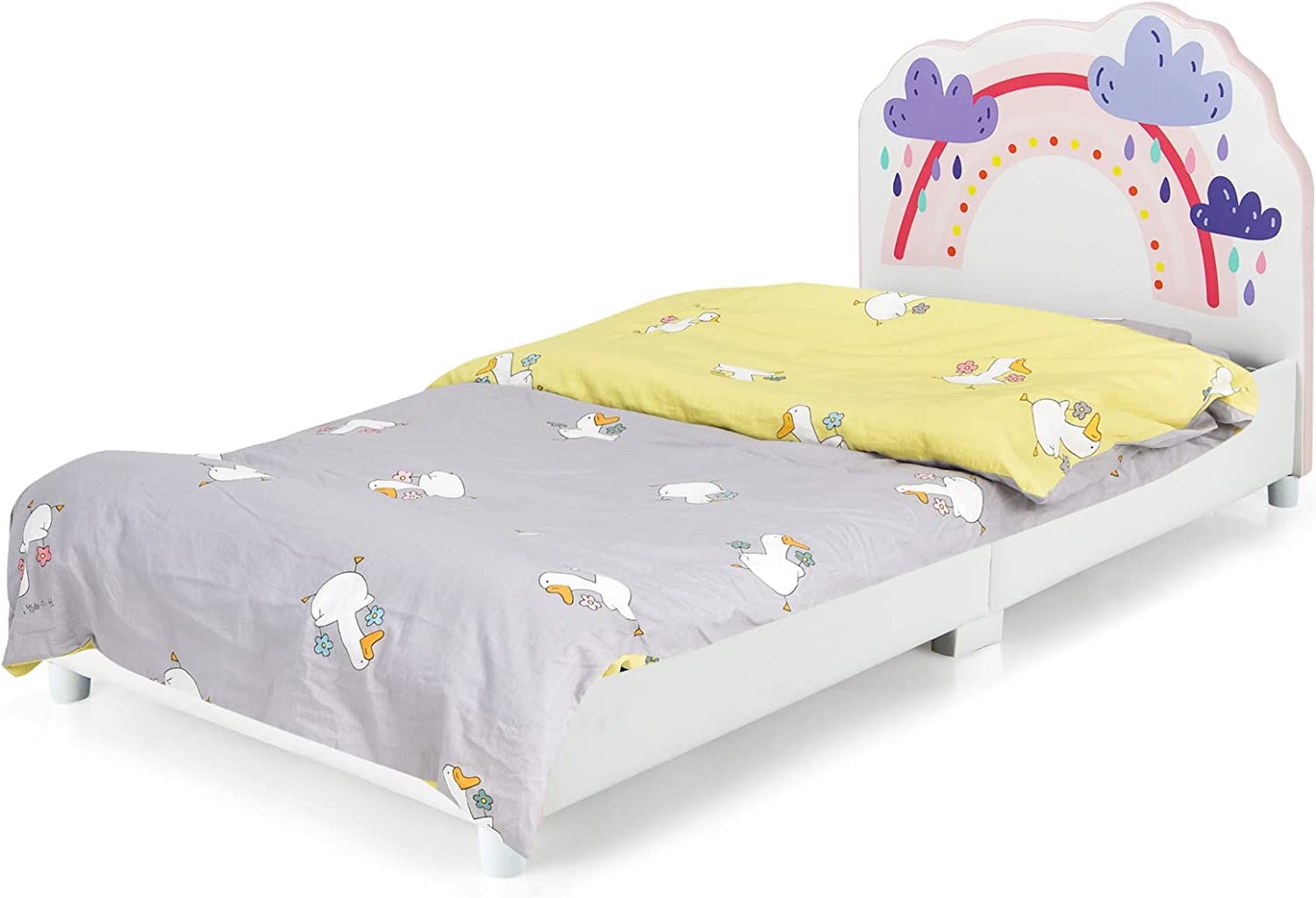 **HONEY JOY Twin Bed Frame for Kids - Sturdy Wooden Platform Bed with Headboard & Slat Support, No Box Spring Needed - Perfect for Boys & Girls Bedrooms - Fits Standard Twin Mattress (Rainbow Design) - Ideal for Toddler Rooms, Sleepovers & Cozy Bedtime Stories**