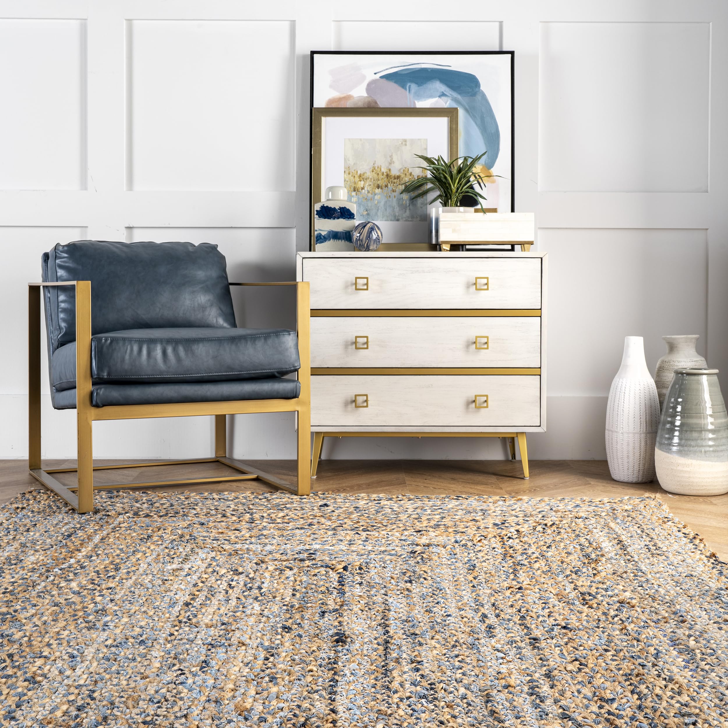 nuLOOM Eliz Striped 6'x6' Square Jute Area Rug - Blue & Natural Neutral Woven Rug for Dining Room, Living Room & Kitchen - Perfect for Farmhouse, Coastal & Boho Decor Styles