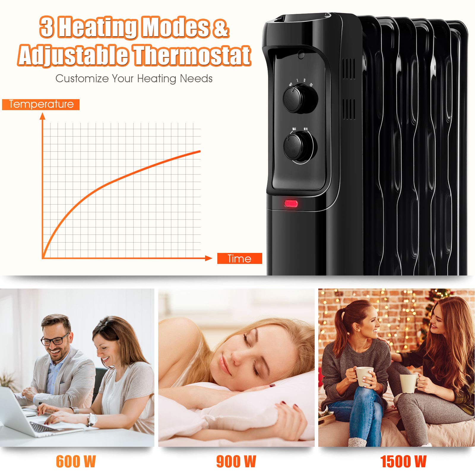 Tangkula 1500W Oil Filled Radiator Heater - 3 Heat Settings, Adjustable Thermostat, Tip-Over & Overheat Protection - Portable Electric Space Heater for Home, Office, Bedroom & Indoor Use - Energy Efficient Winter Heating Solution