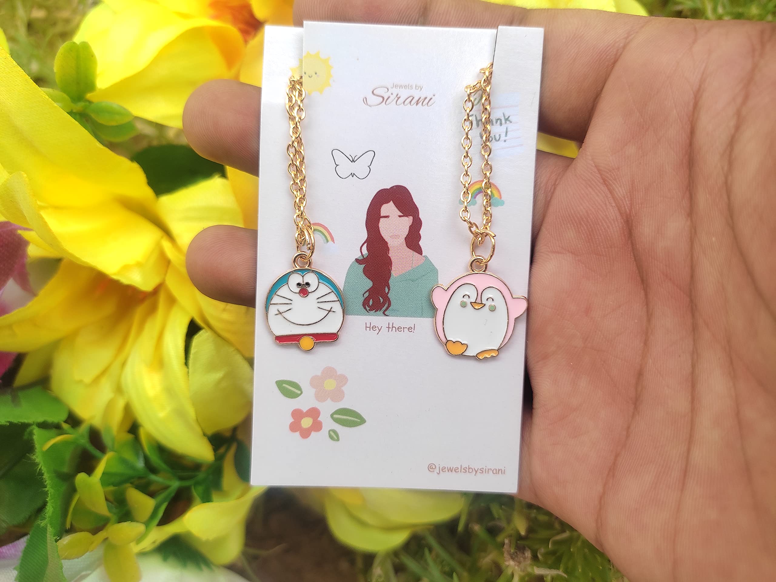 Cute Pendant Necklace for Kids, Girls & Women - Pack of 2 (Pink Penguin & Doremon) | Fashion Jewelry Gift for Birthday, Christmas & Everyday Wear